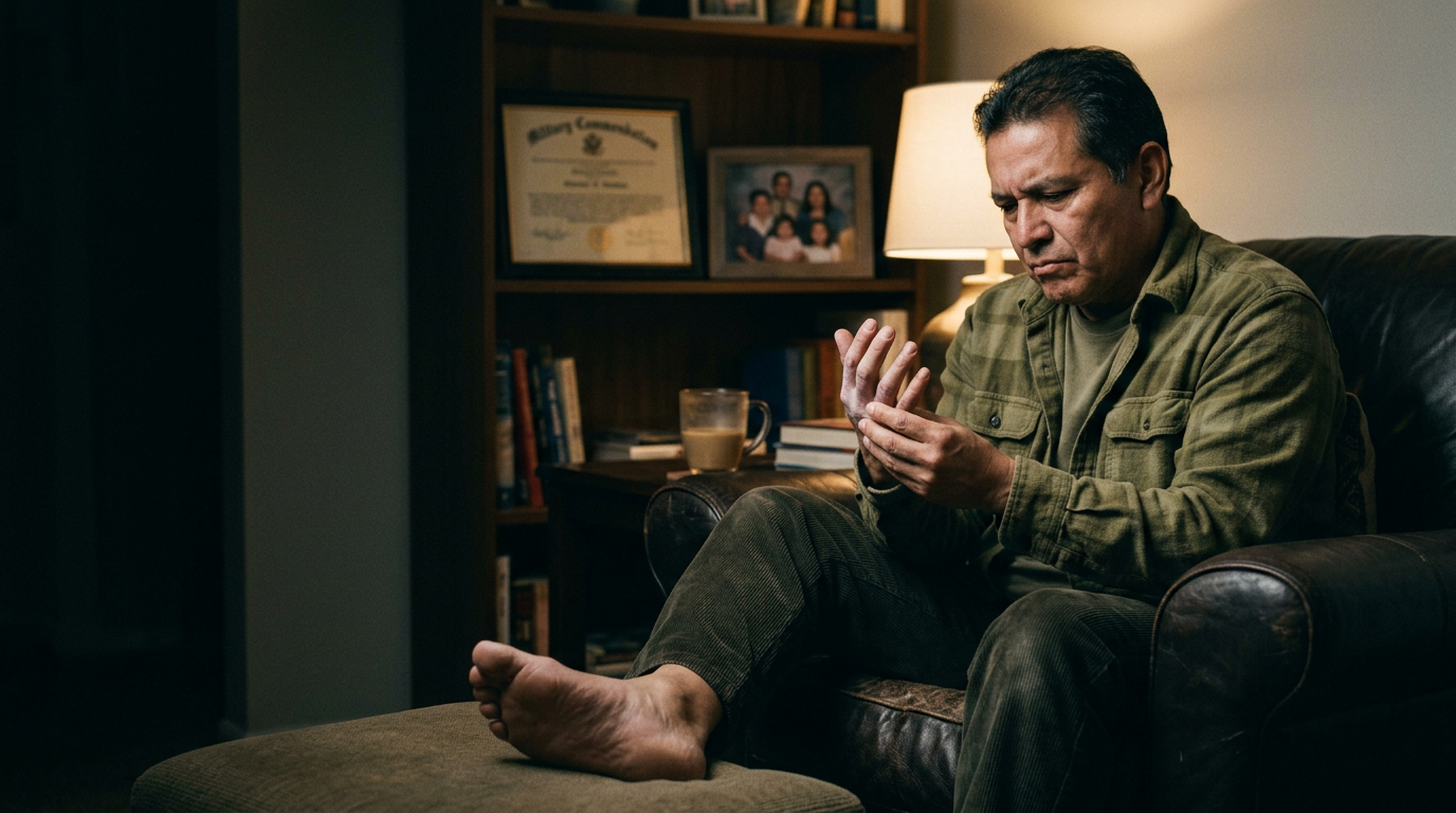 Middle-aged Hispanic male veteran seated in a shadowed room examining his tingling numb hand and bare foot with a concerned expression from peripheral neuropathy