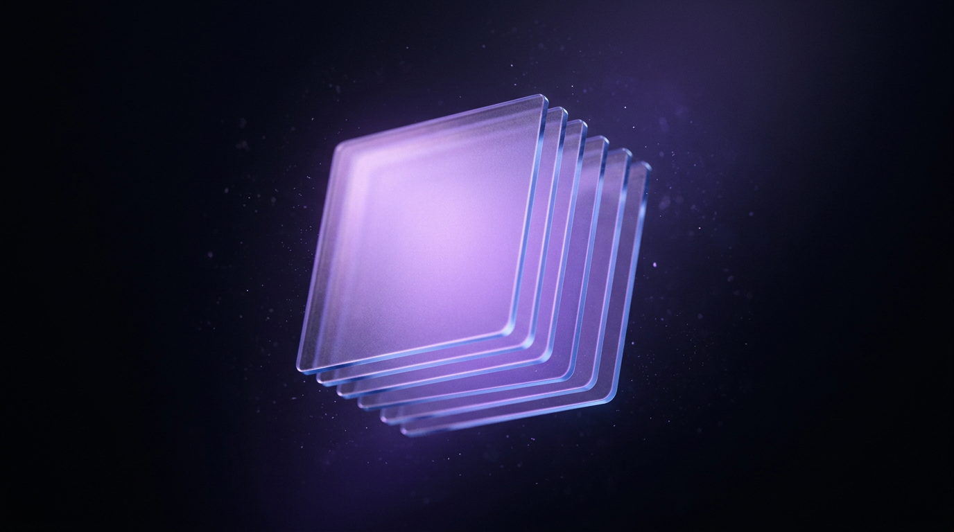 Six frosted glass tiles bundled together as one cohesive glowing violet package floating in the dark, representing an all-in-one monthly SEO bundle