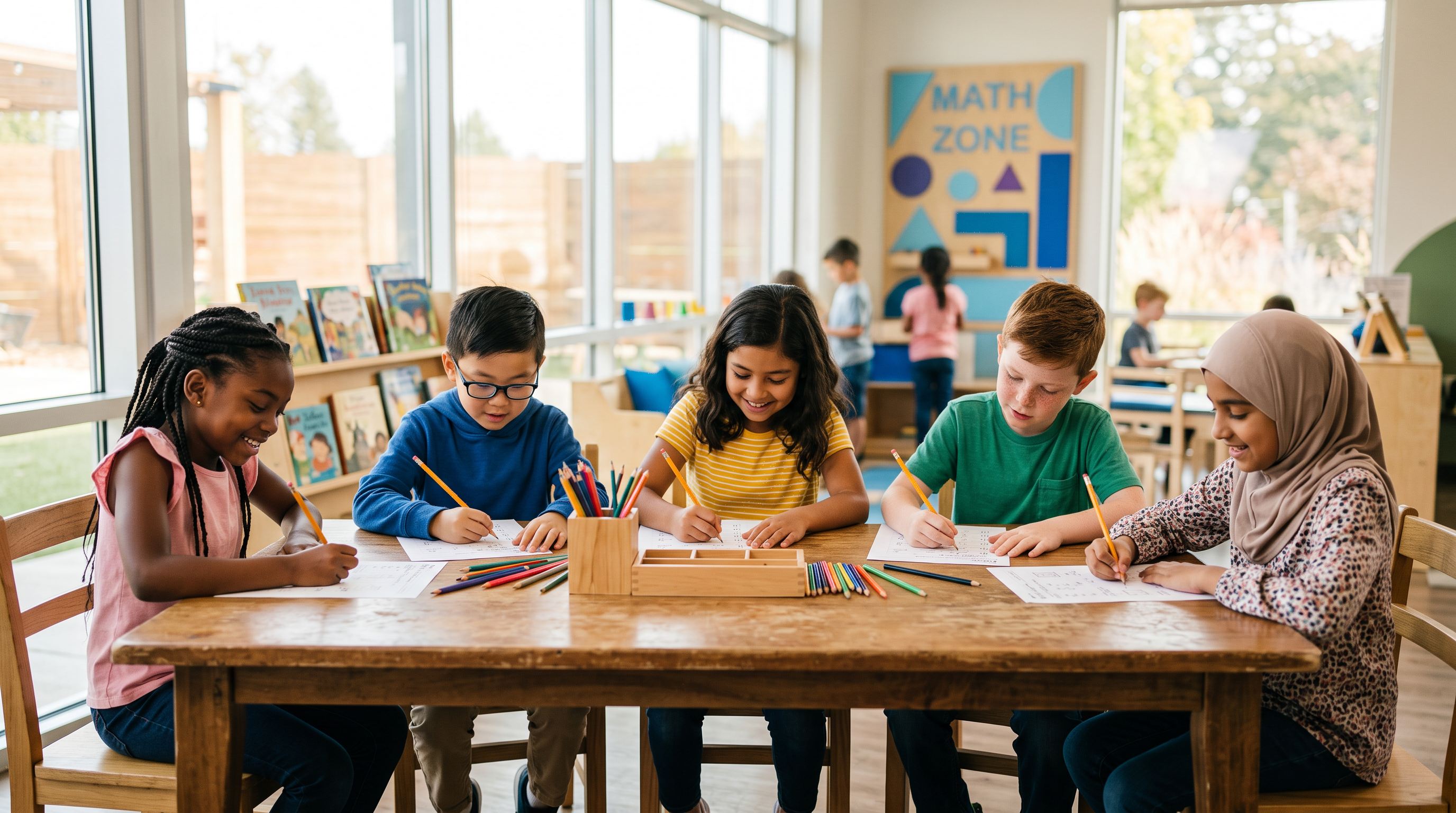 Diverse elementary students doing math and reading worksheets at a Kumon tutoring center in McKinney TX