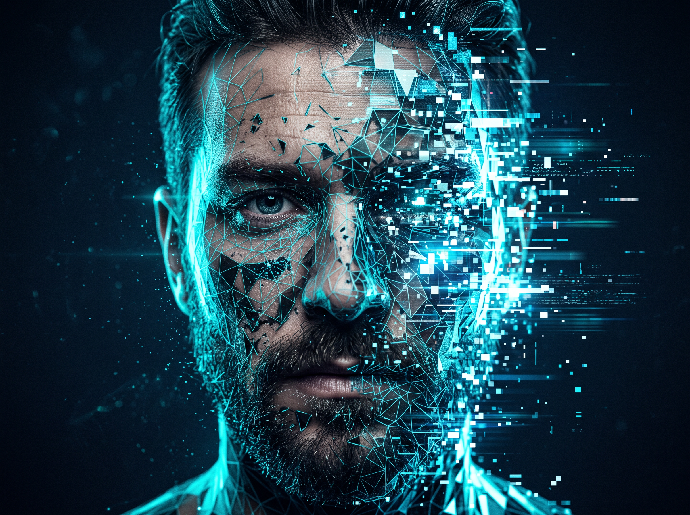 A human face breaking apart into a digital polygon mesh with scan lines