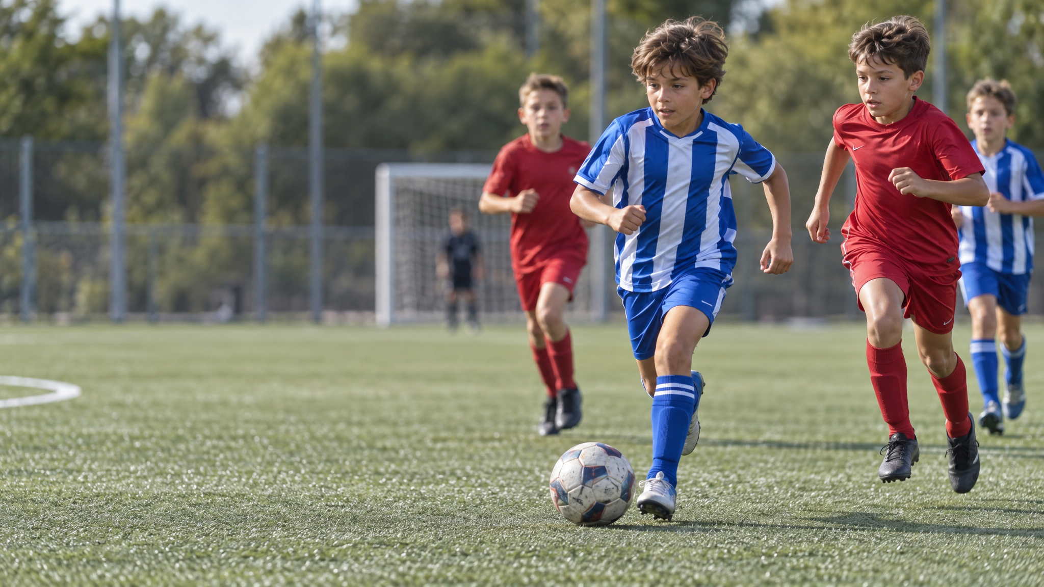 Niños jugando un partido de fútbol 7 en césped artificial