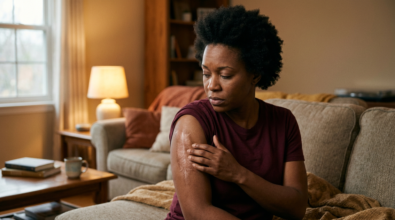 Black woman veteran sitting on a couch gently touching a scar on her upper arm with a concerned expression in a warm living room