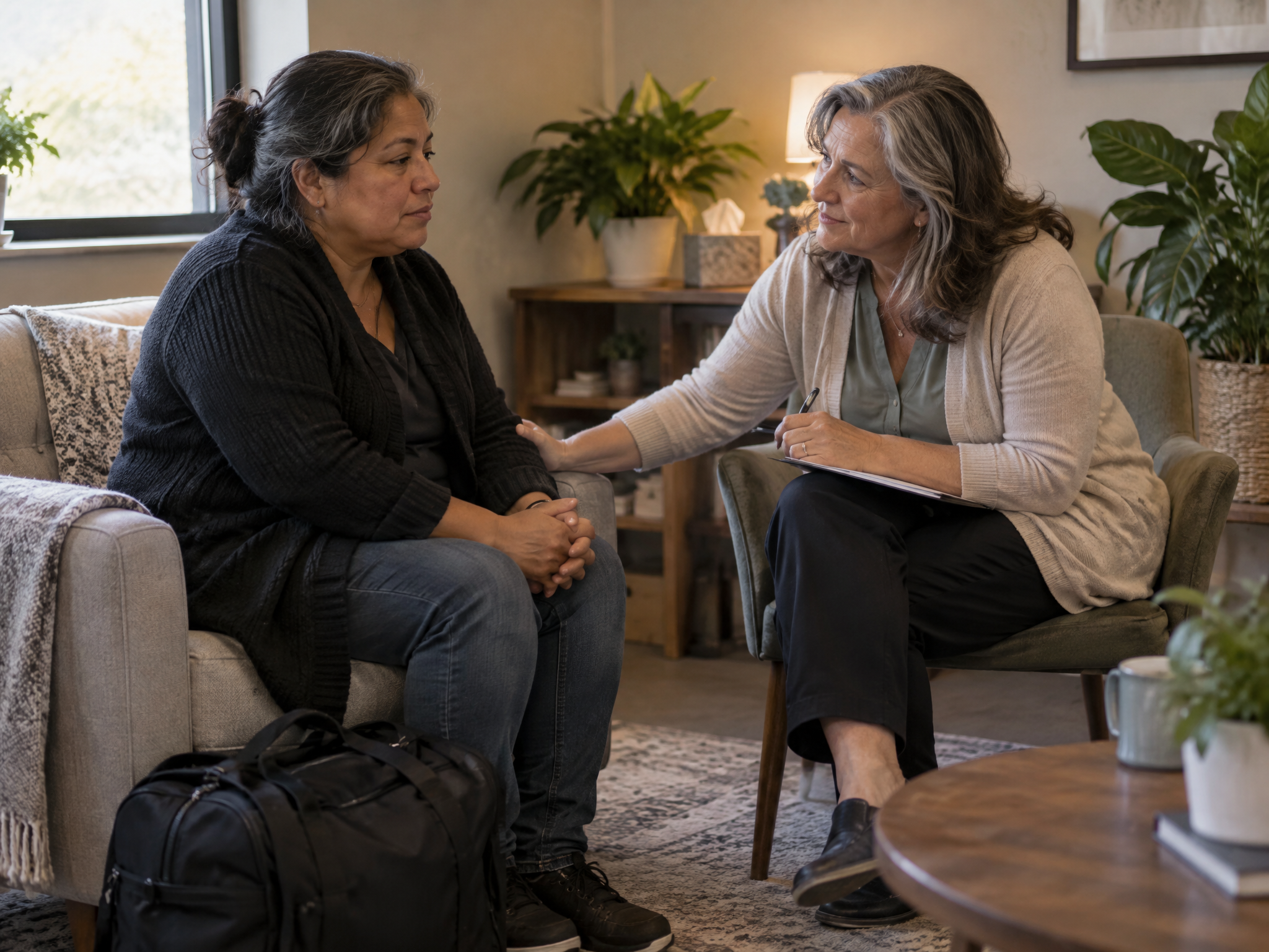 A woman veteran with a packed duffel bag at her feet sitting with a female social worker in a quiet office