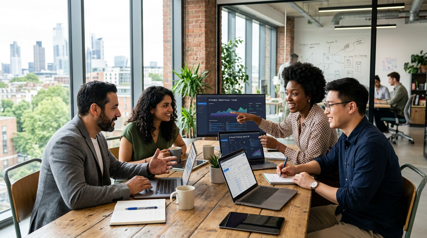 Diverse team collaborating with AI technology in a contemporary startup office