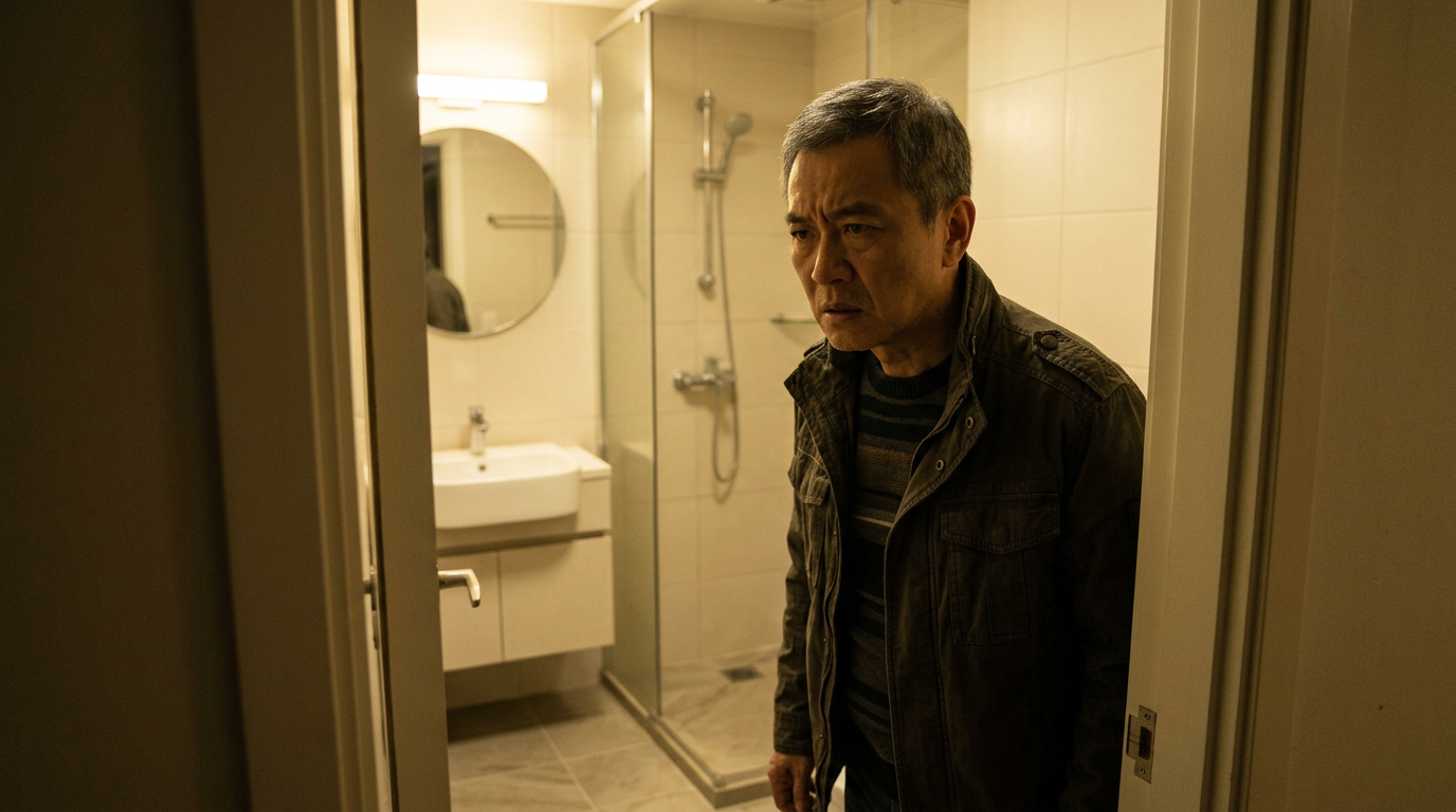 East Asian male veteran standing in a bathroom doorway with a frustrated expression