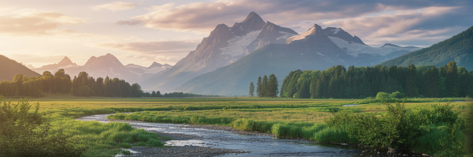 Serene nature landscape with mountains, forest and stream
