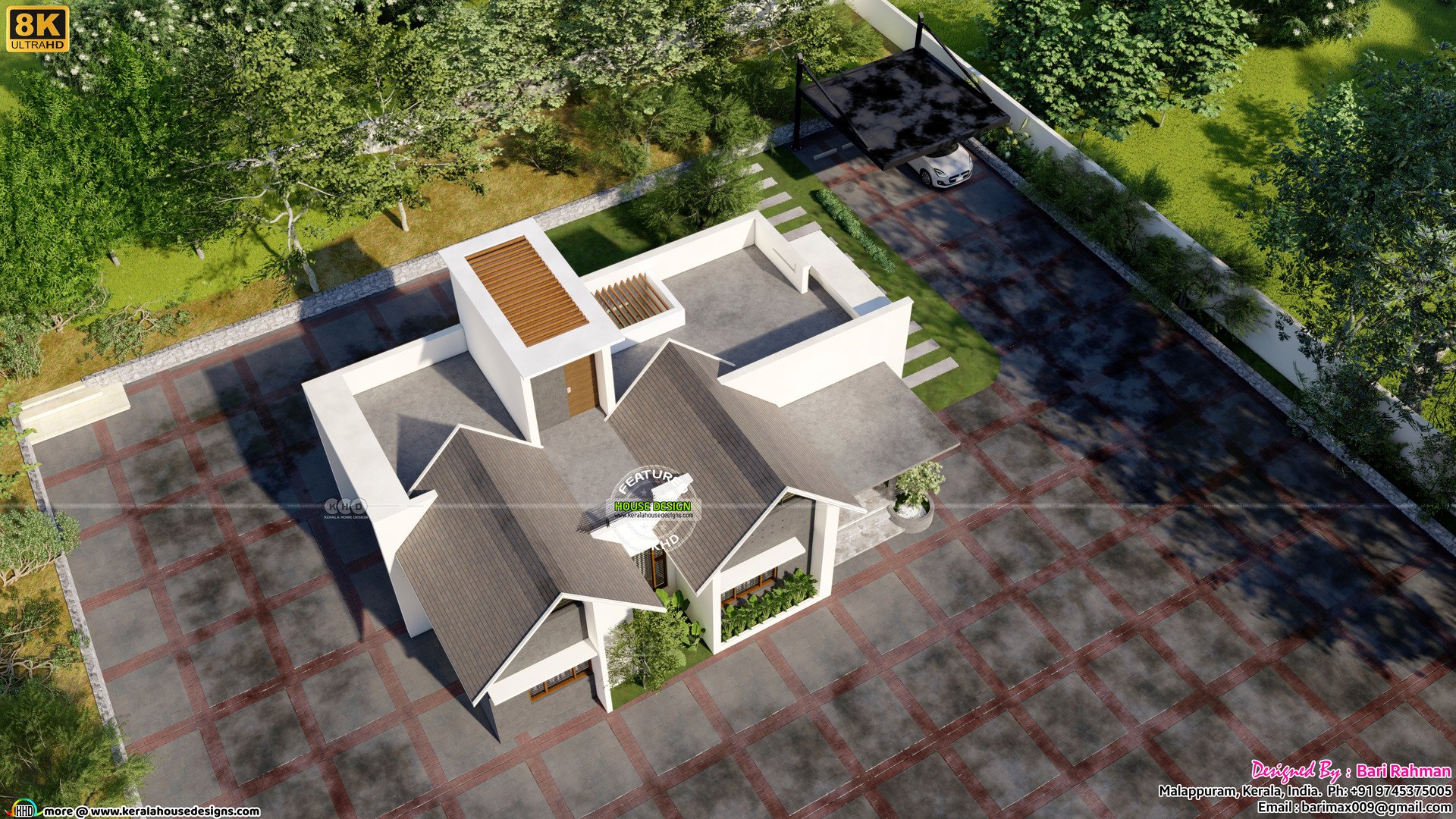 Modern home with sloped roof aerial view