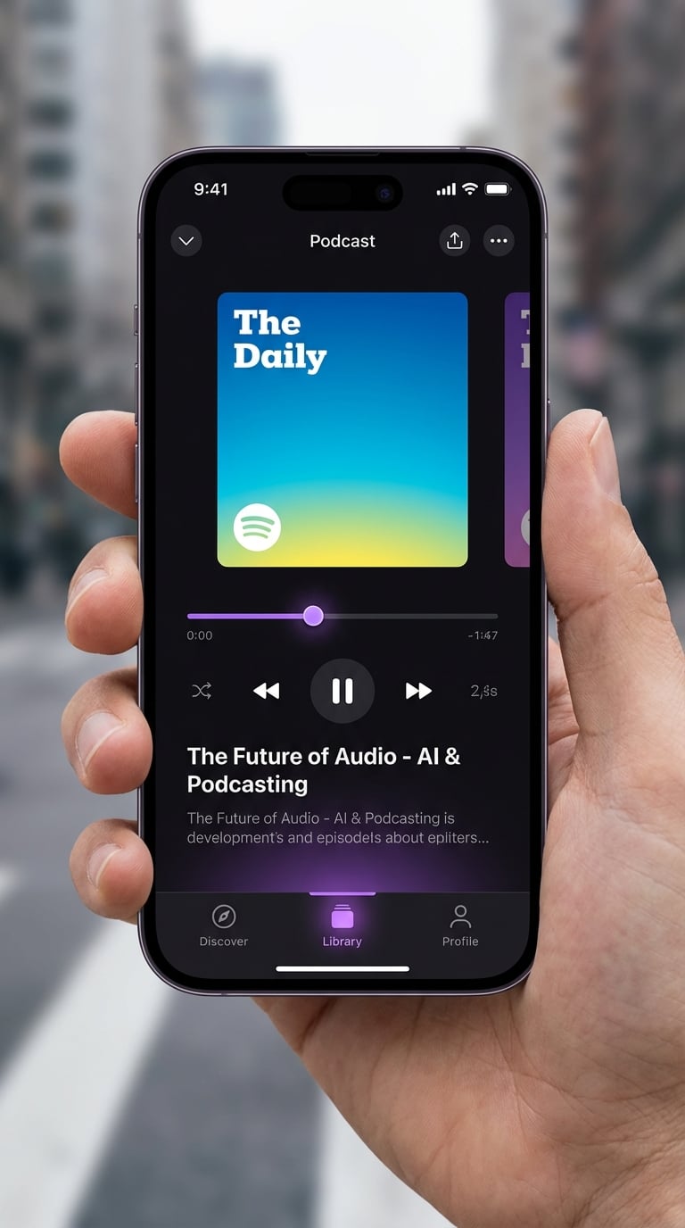 PodStream mobile app showing podcast player interface