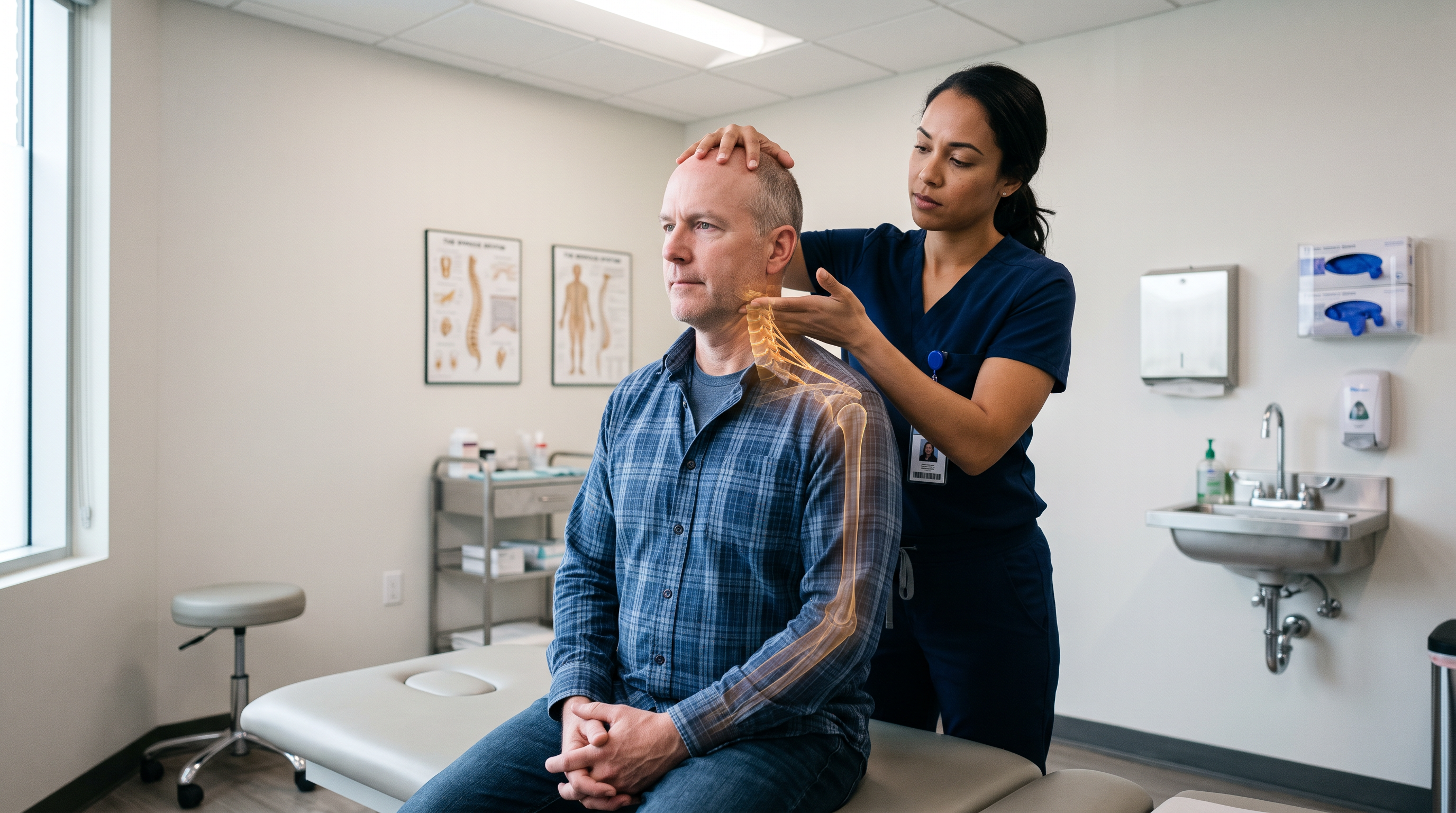 A Latina clinician performing a Spurling maneuver on a seated white male patient, tilting and compressing his neck, an amber glow tracking from the cervical spine down the arm