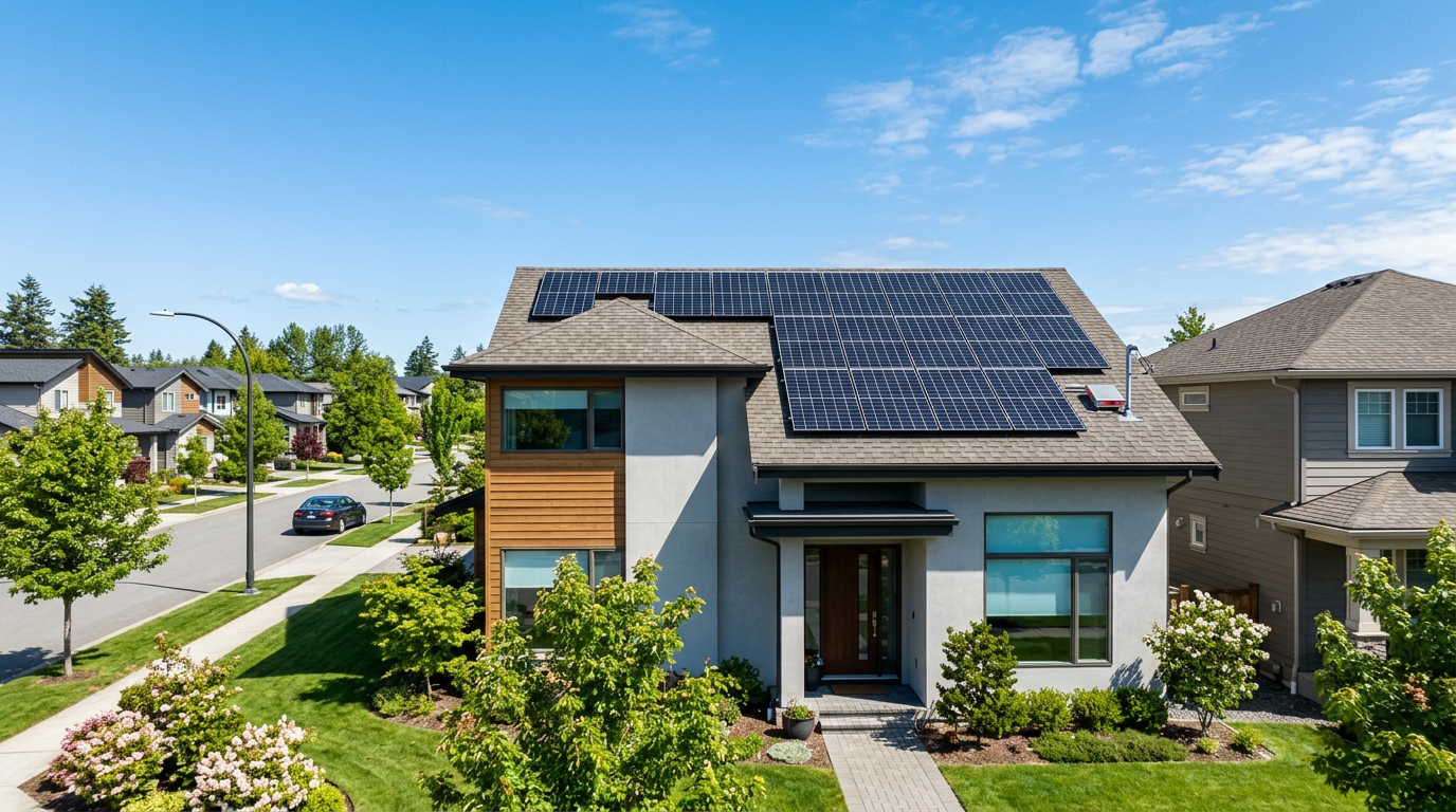Solar panels installed on a modern suburban home roof on a sunny day