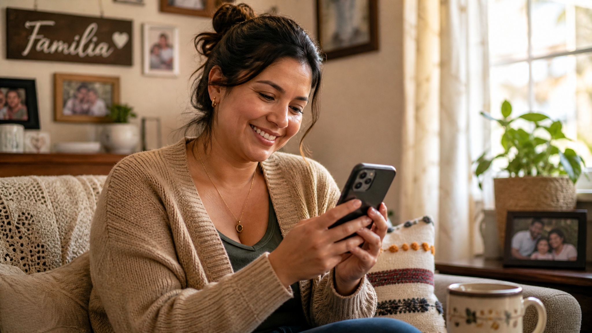 Mamá feliz mirando fotos familiares en su celular