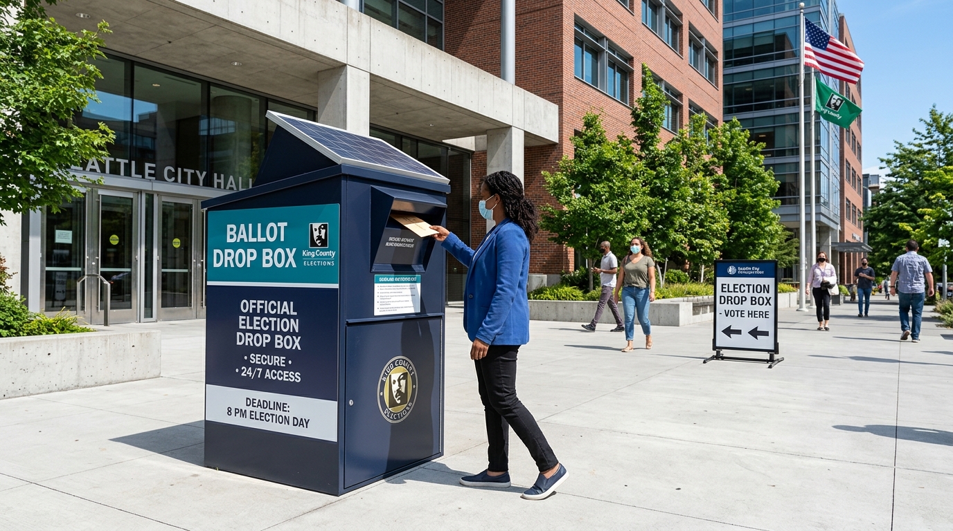 Secure ballot drop box with video monitoring in well-lit public area