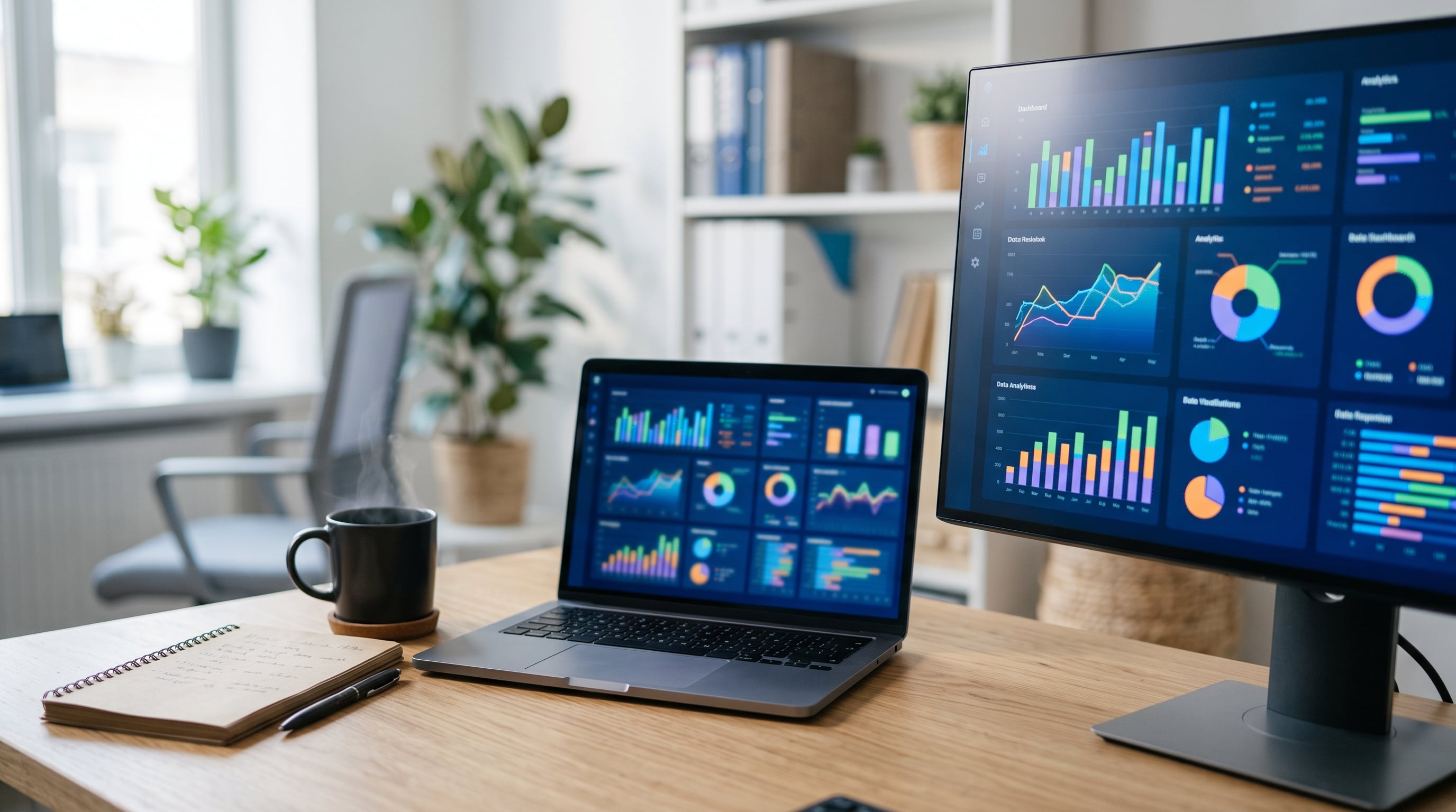 Analytics-Dashboards mit Diagrammen auf einem Monitor als Sinnbild für Marktrecherche und Datenanalyse