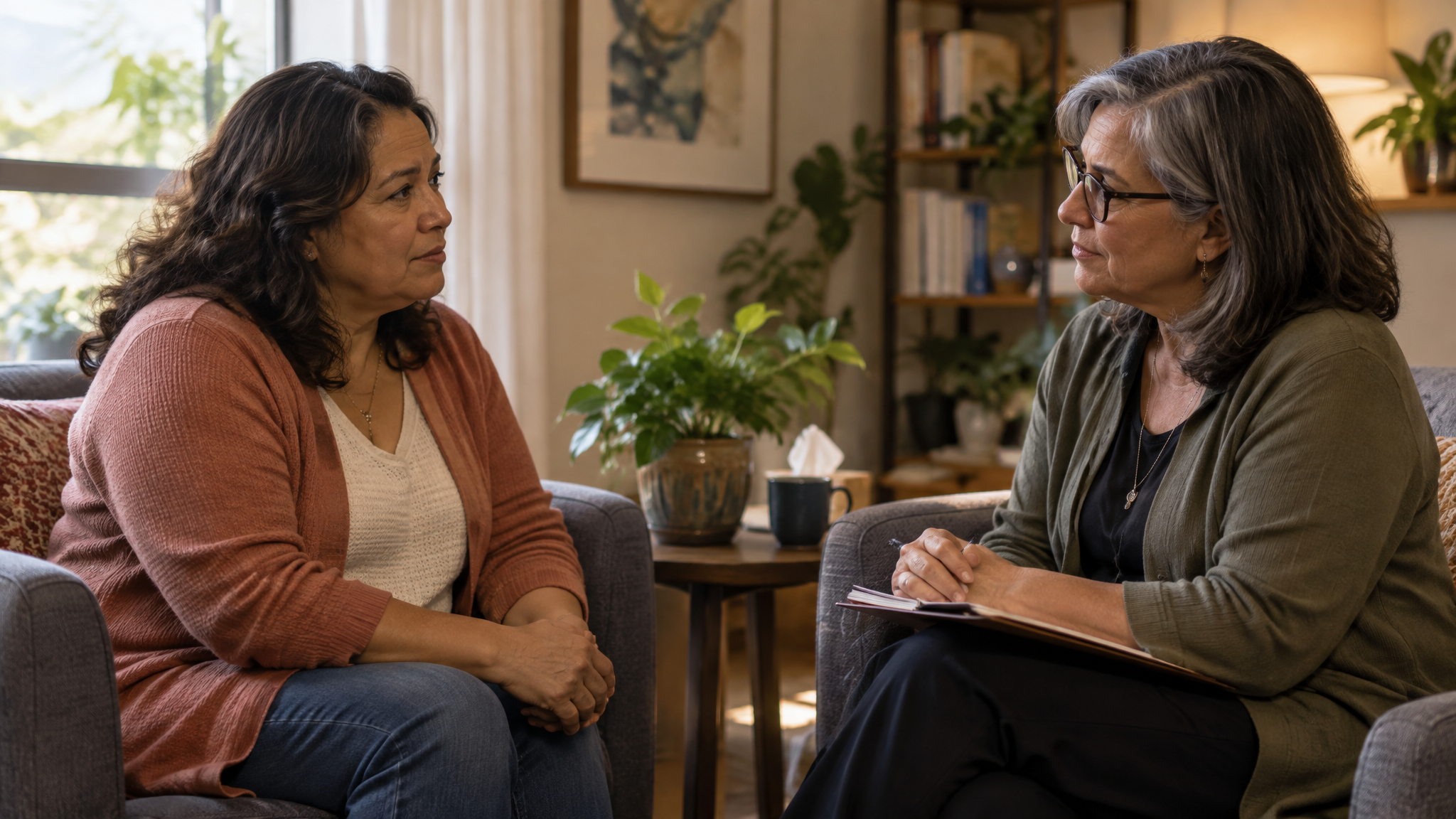 A woman veteran talking with a female therapist in a warm counseling office