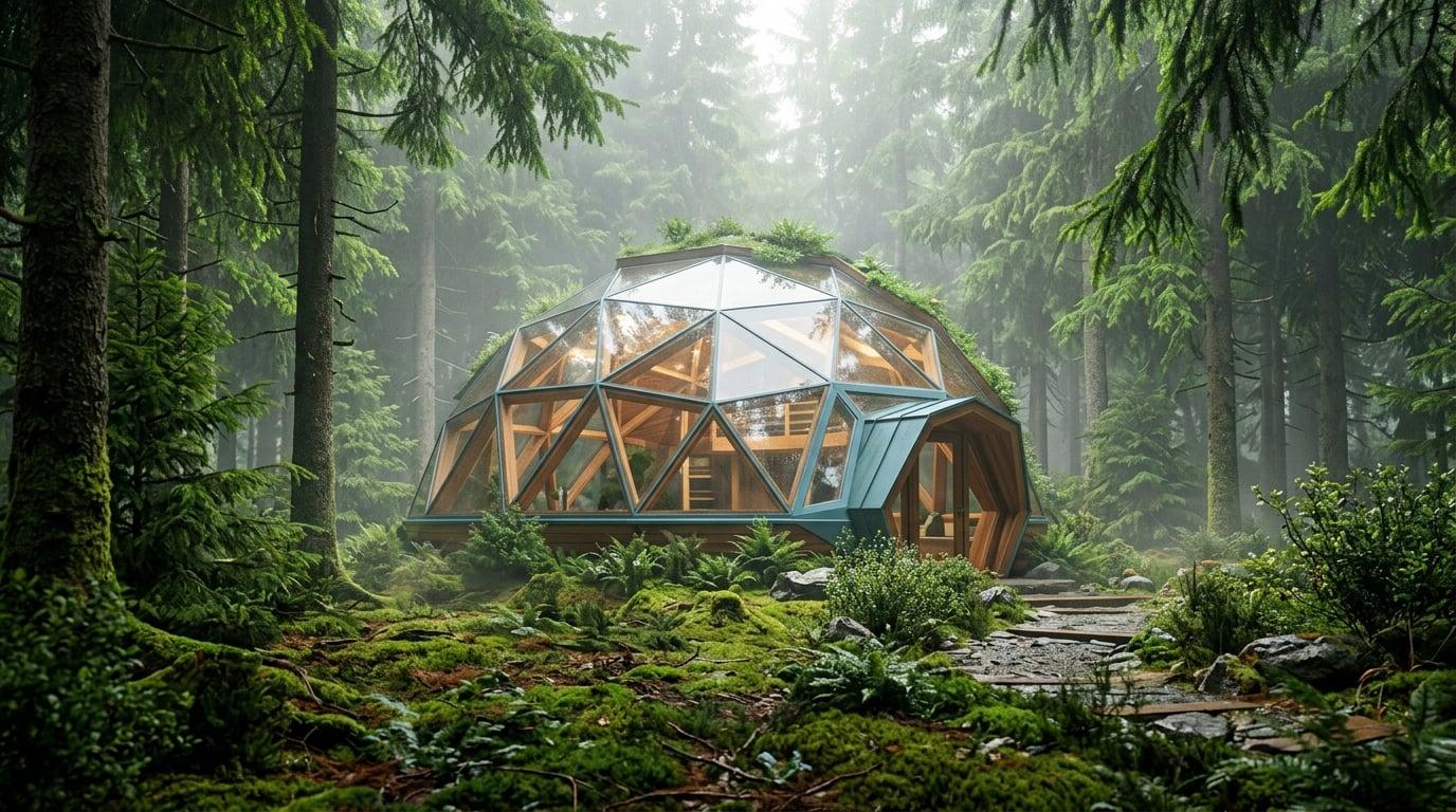 Geodesic dome structure blended with Alaskan temperate rainforest