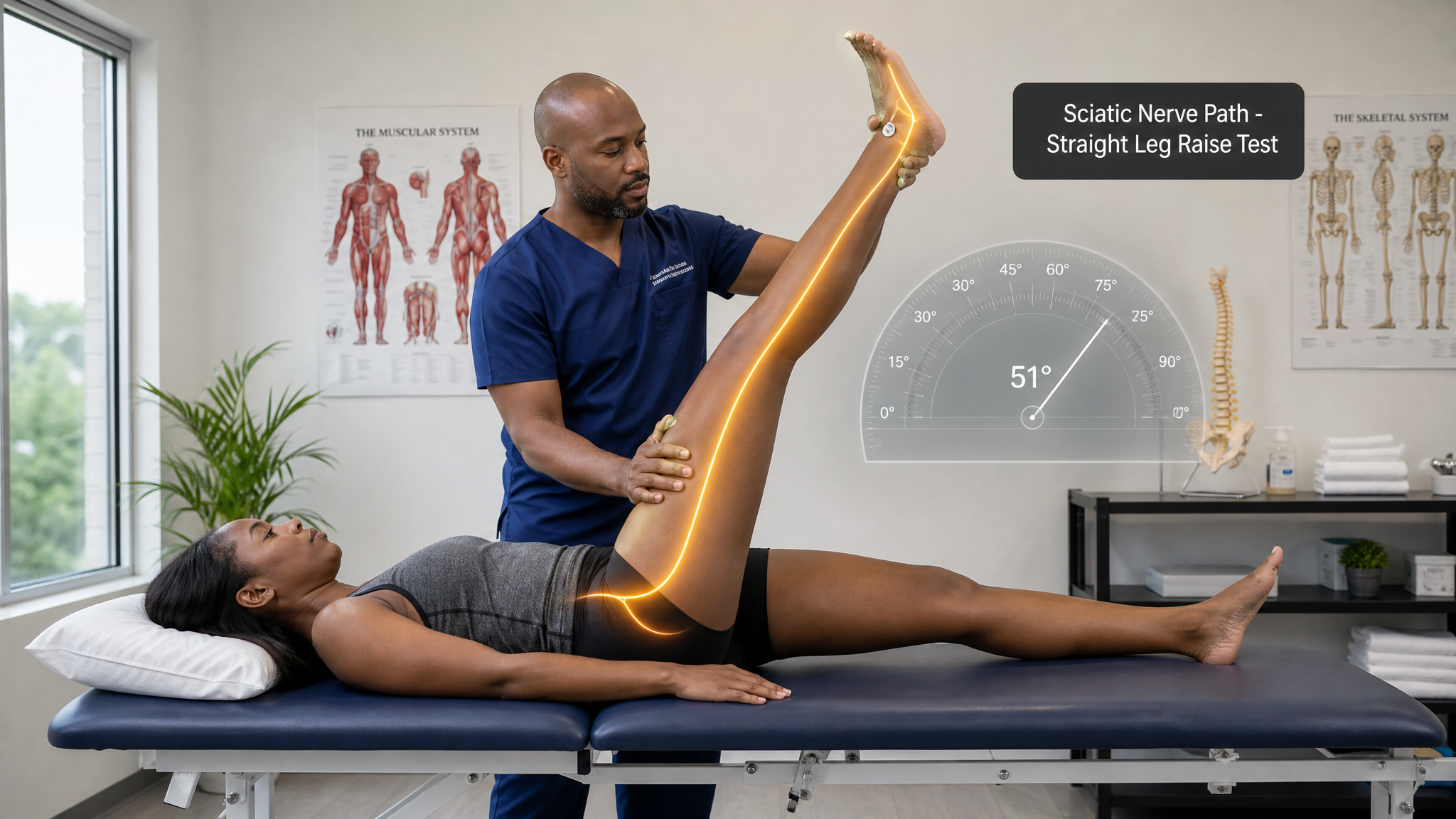 Clinician performing a straight-leg-raise test on a supine Black woman, a goniometer showing the leg-elevation angle in degrees with an amber glow down the back of the raised leg