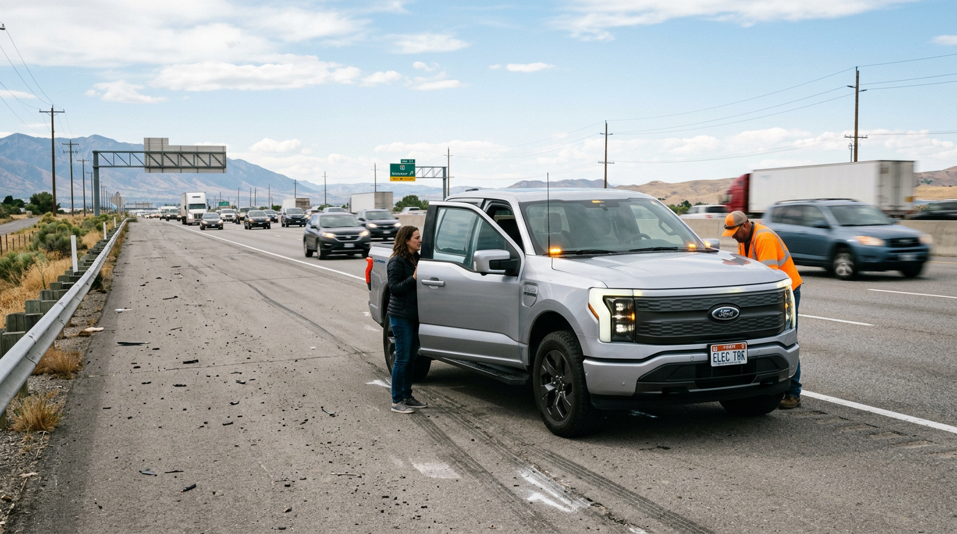 Ford F-150 Lightning electric truck on highway shoulder