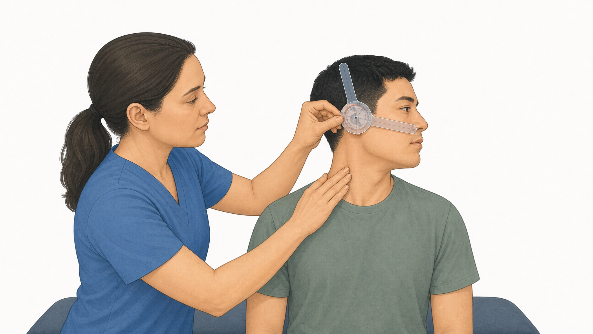 Illustration of a clinician measuring a seated patient’s neck rotation with a goniometer while palpating the upper neck