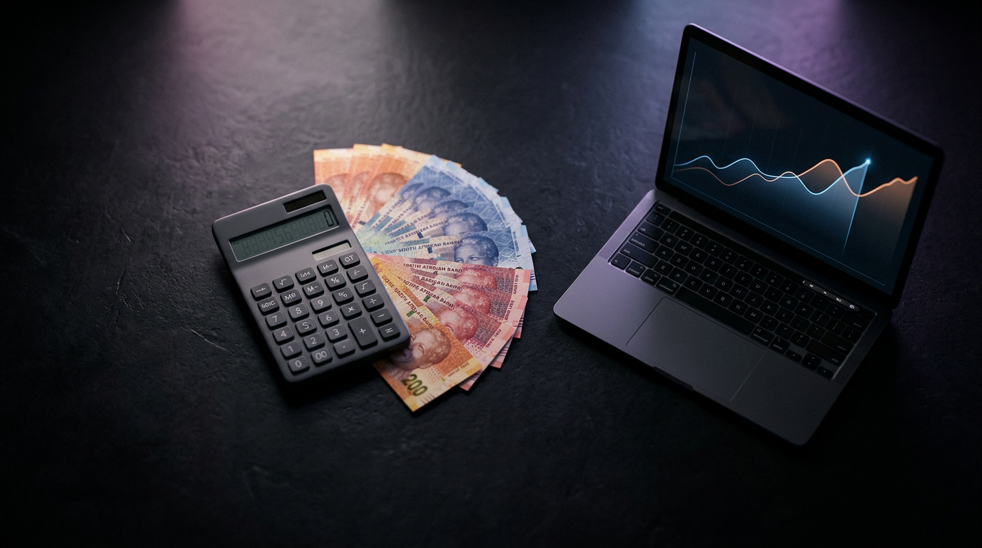 Calculator, South African Rand notes and a laptop showing a rising rankings graph