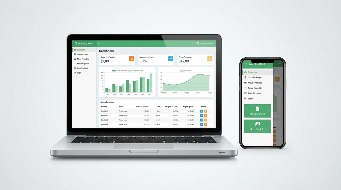 Precifica Fácil funcionando em computador e celular