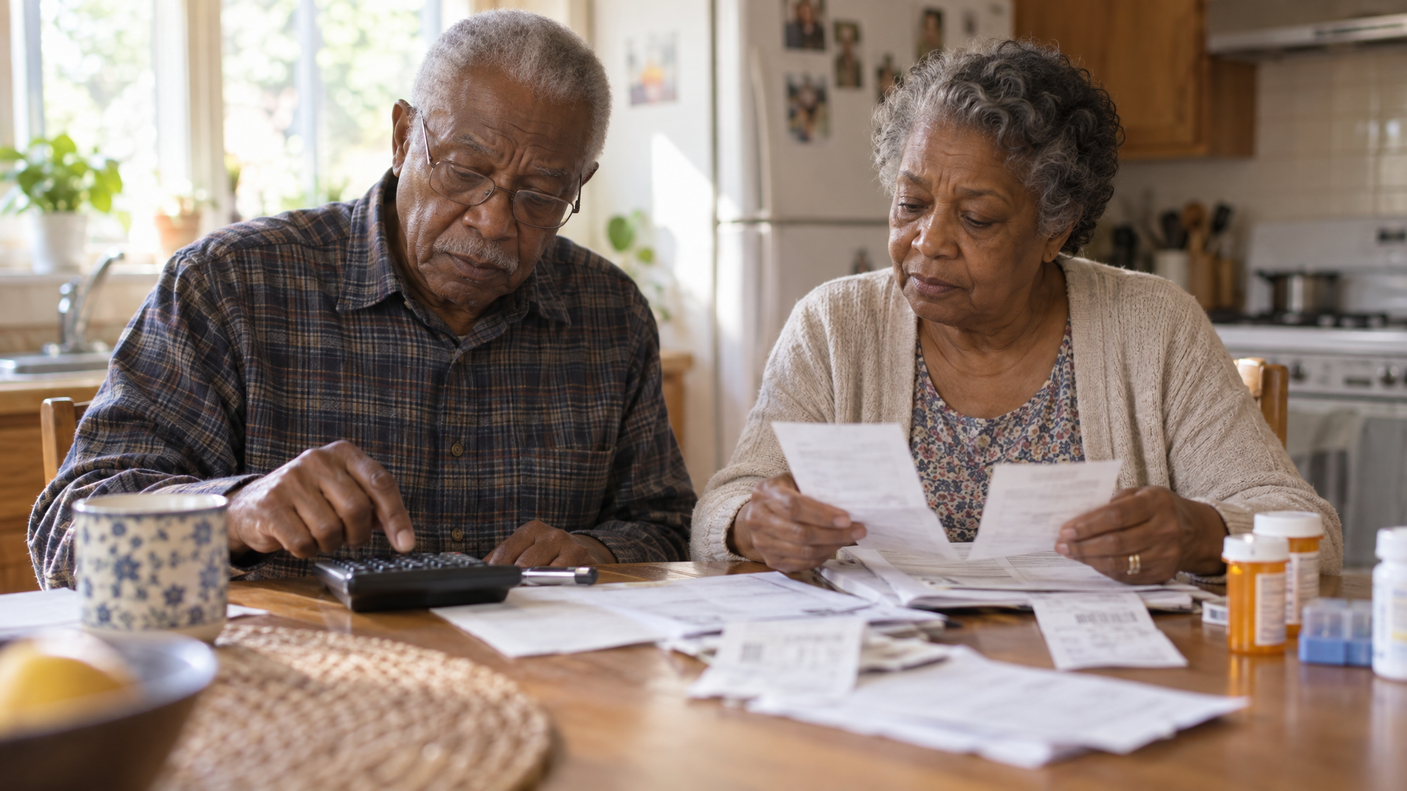 How the MAPR works: an elderly veteran couple adding up medical bills with a calculator