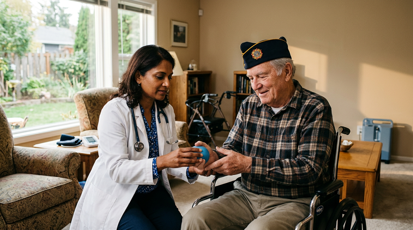 Physician evaluating a veteran in a wheelchair for aid and attendance needs during SMC assessment
