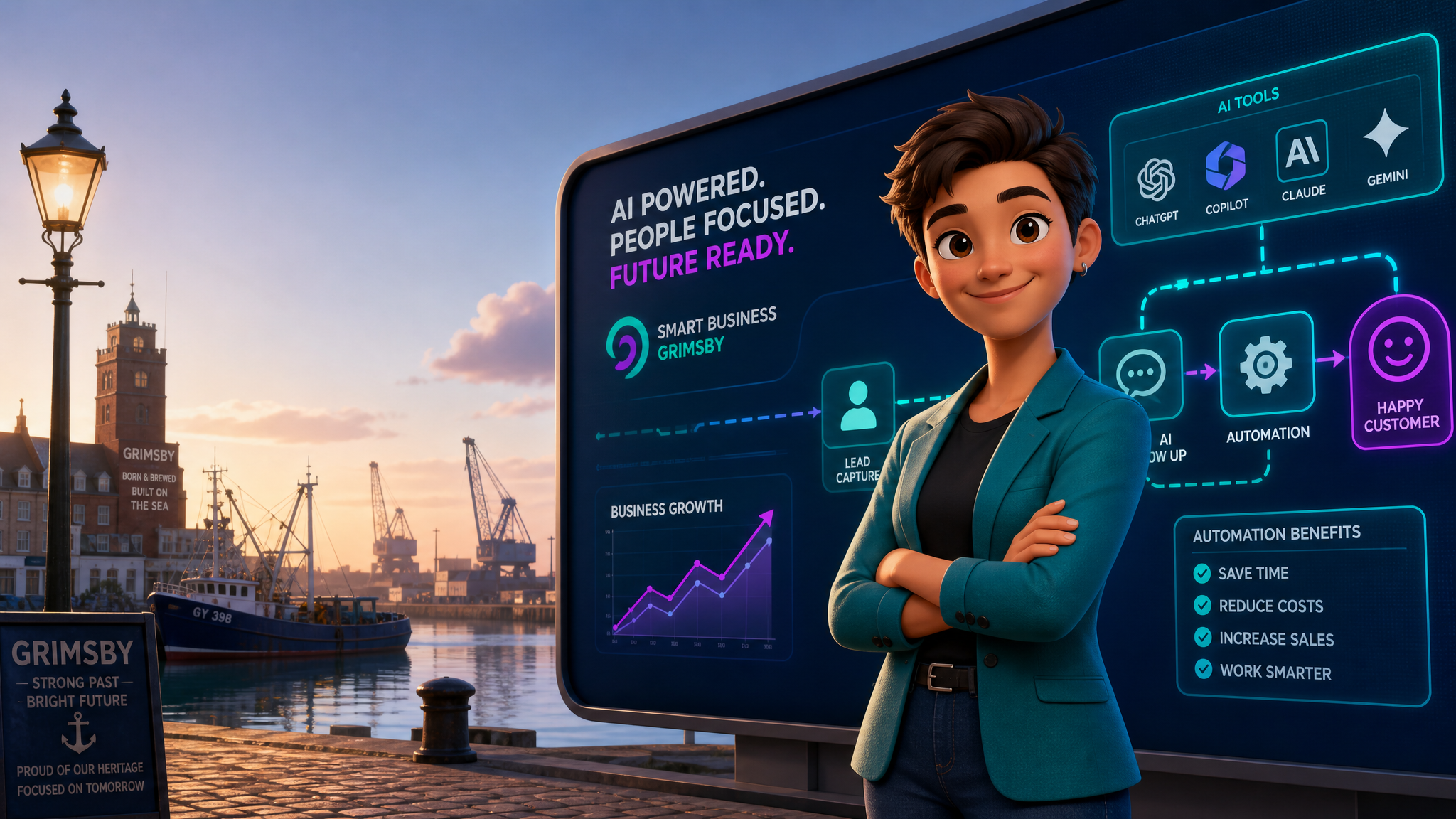 Friendly Pixar-style illustration of a business owner discovering AI automation opportunities