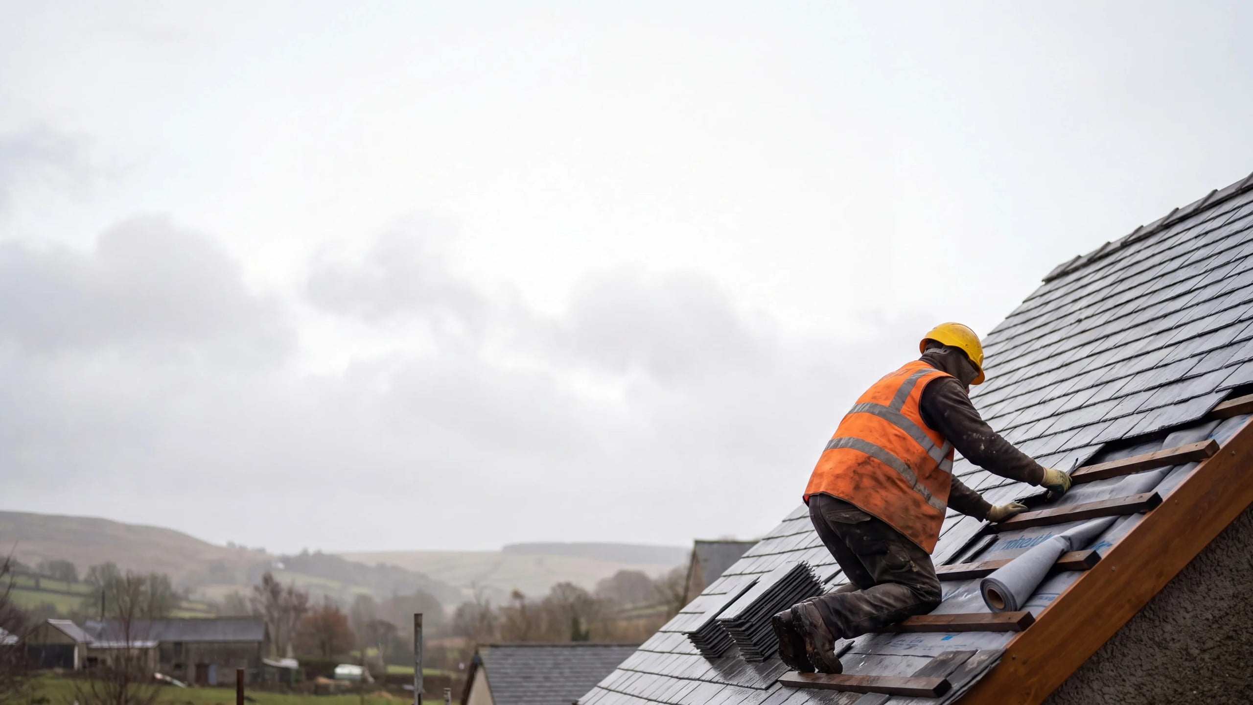 Professional roofer working on a UK house roof