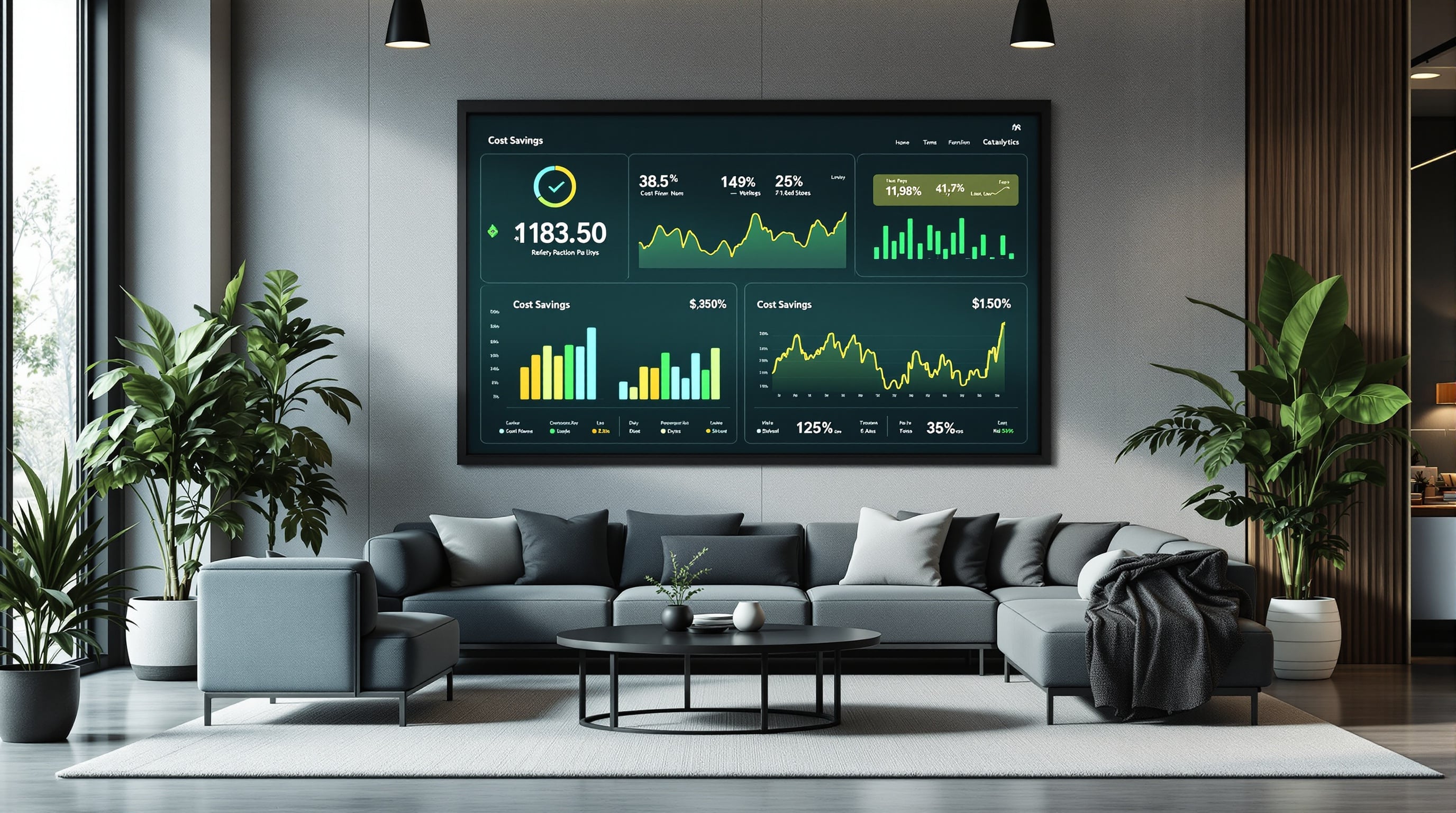 Equipo EcoAdvisor analizando datos de ahorro en oficina moderna