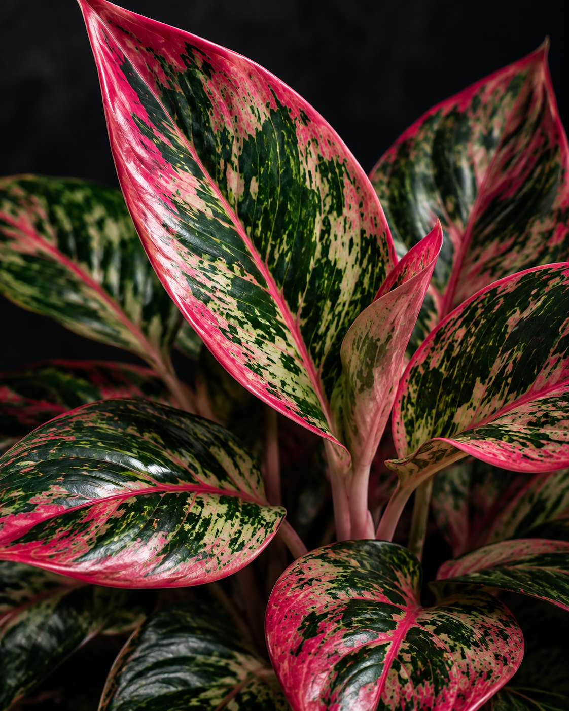 Fine-art macro of a variegated aglaonema with vivid pink-blushed leaf edges against a dark background