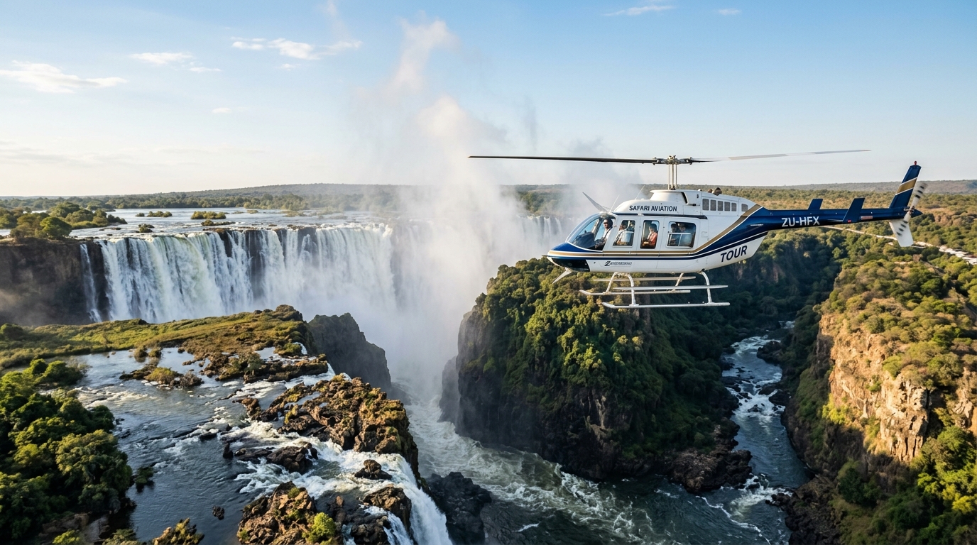 A tour helicopter flying over Victoria Falls and the Batoka Gorge