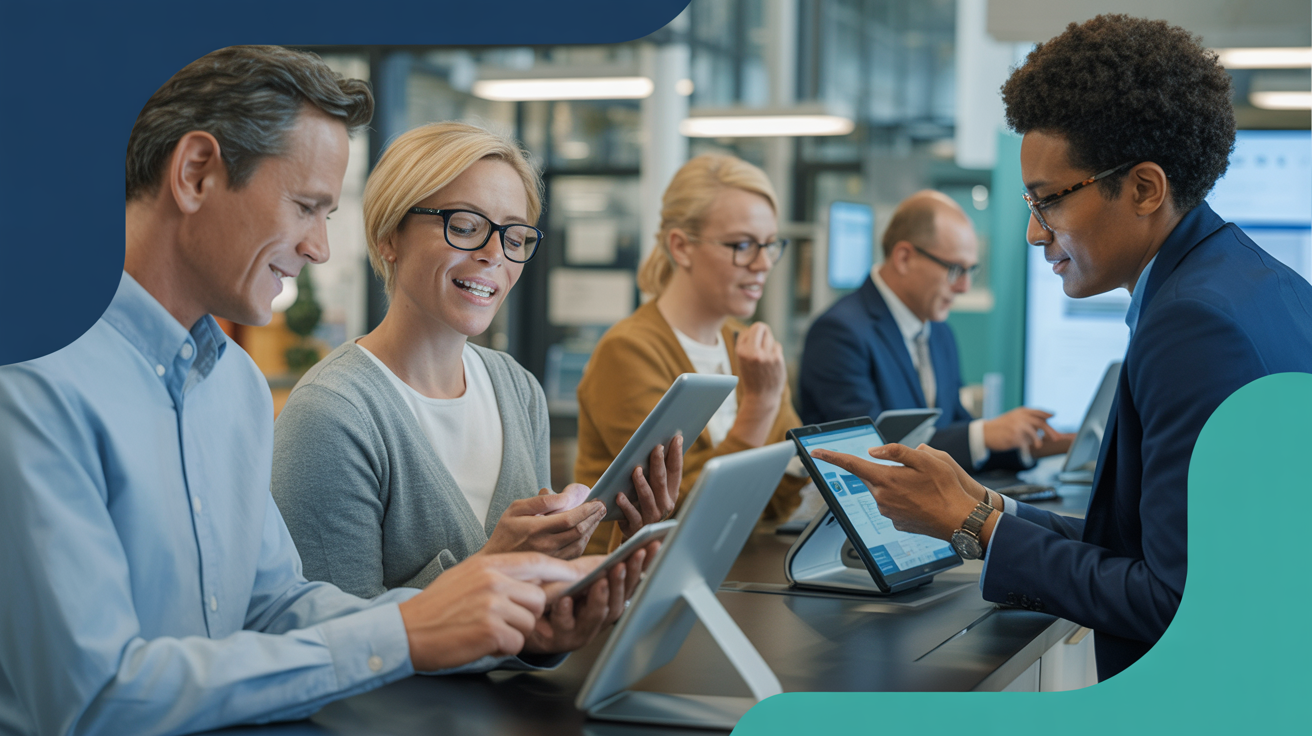 Citizens using digital government services in modern office
