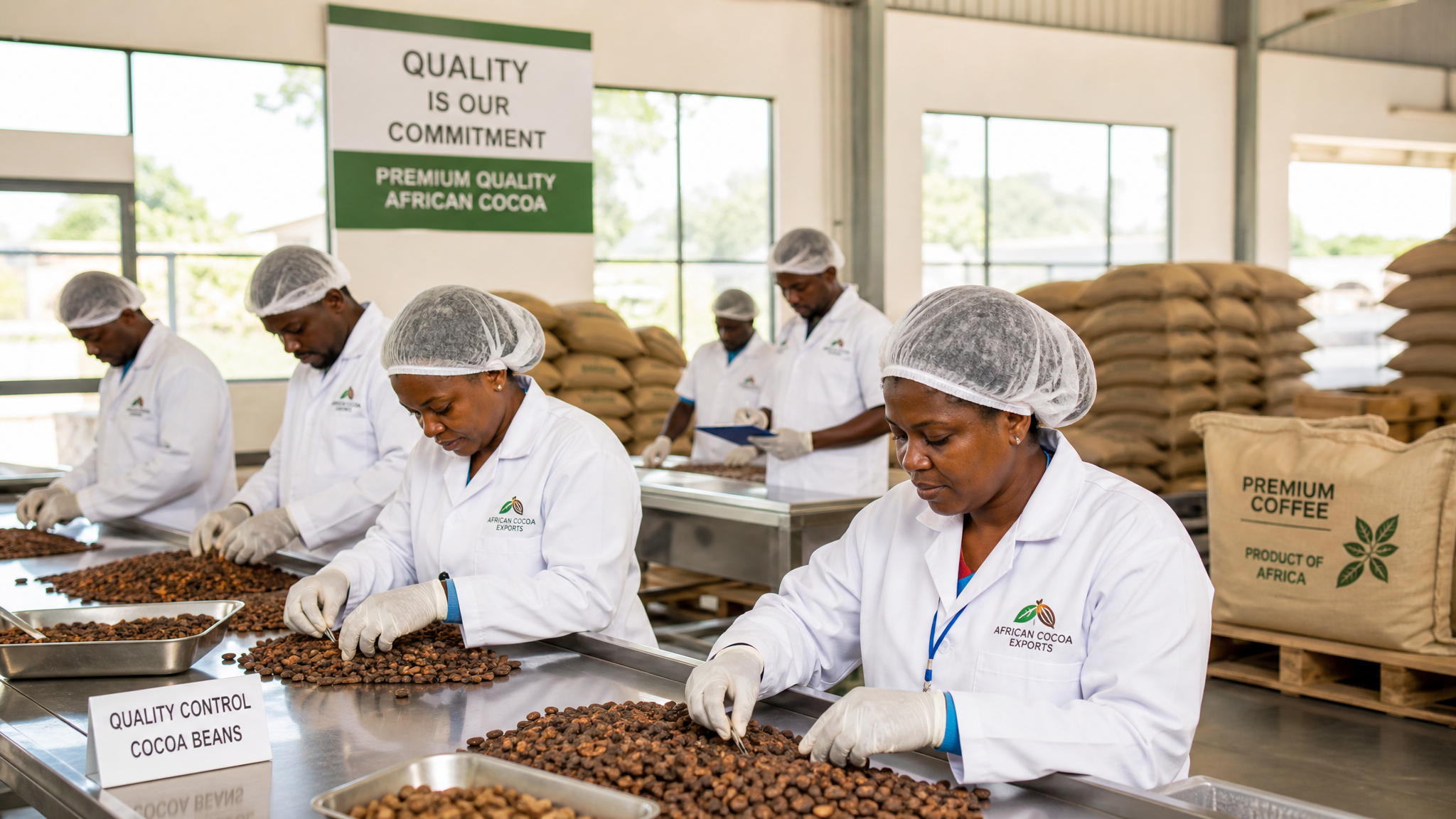 African agricultural quality control facility with workers examining export products