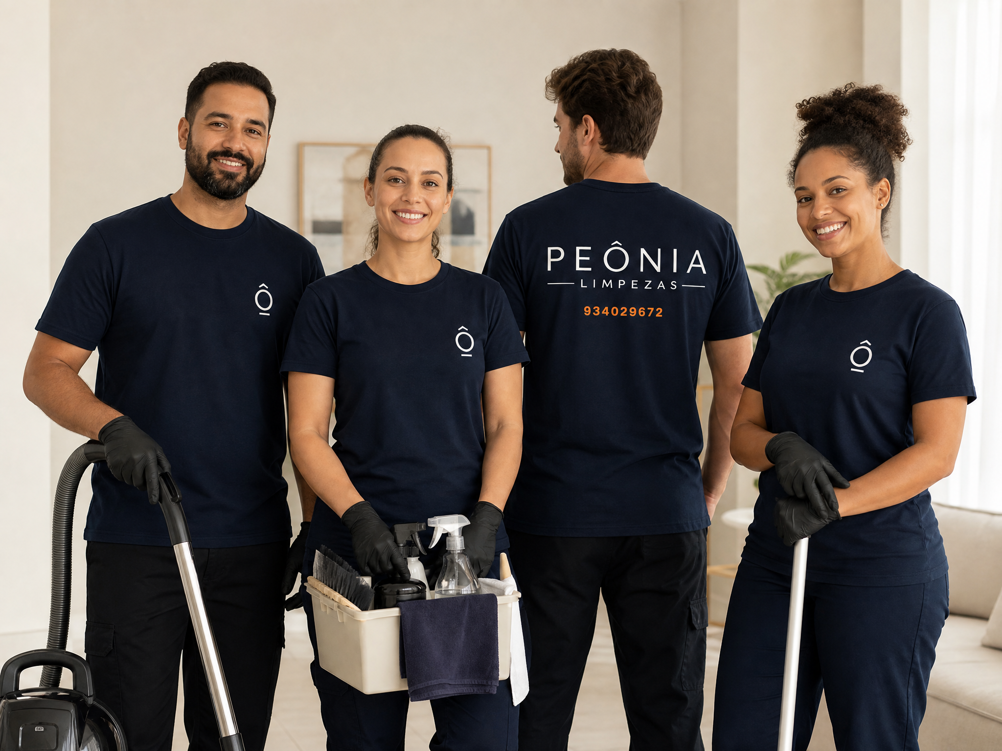 Equipa da Peônia Limpezas com uniforme navy e número de telefone visível