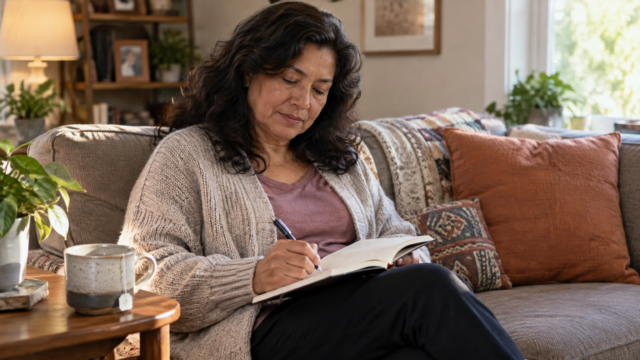 A woman veteran writing in a notebook pain diary on her sofa with a mug of tea beside her