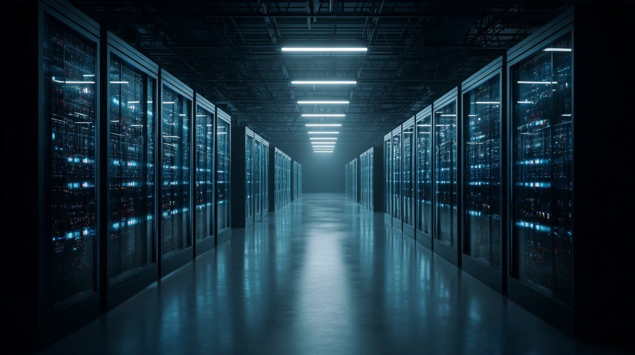 Server room with professional networking equipment and blue lighting