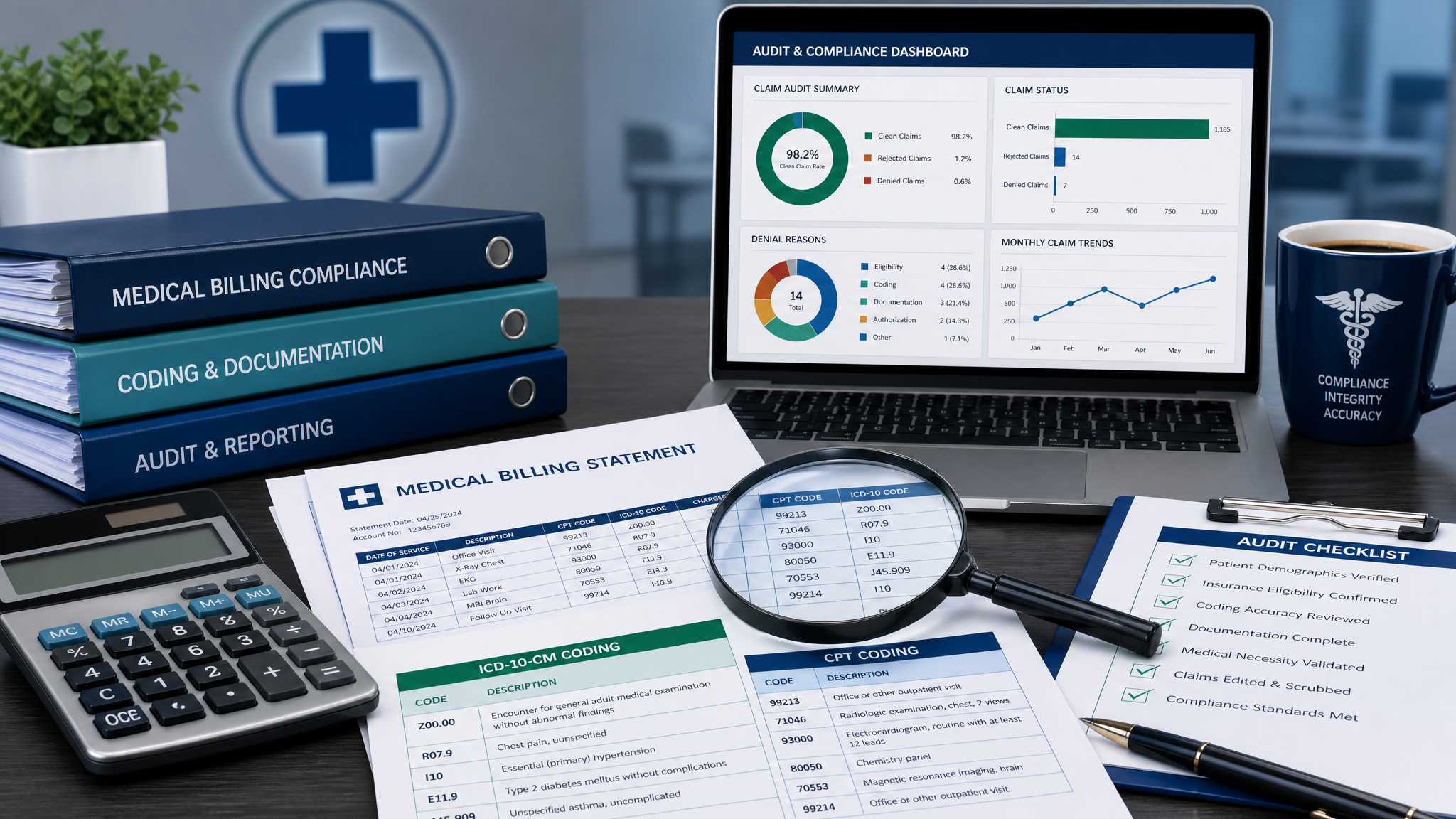 Medical billing and coding compliance audit with documents and financial analysis