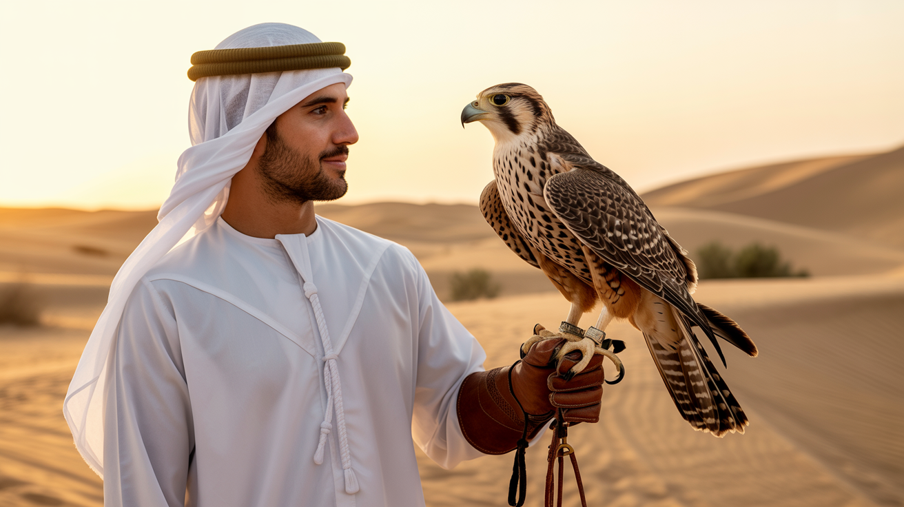 Traditional Arab falconer in desert with falcon
