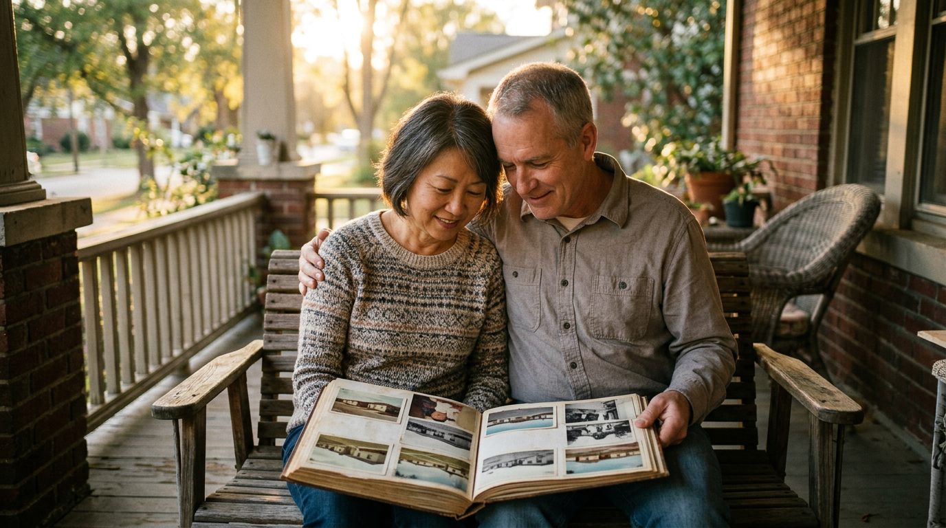 A married couple looking at an old photo album of military base housing on their porch