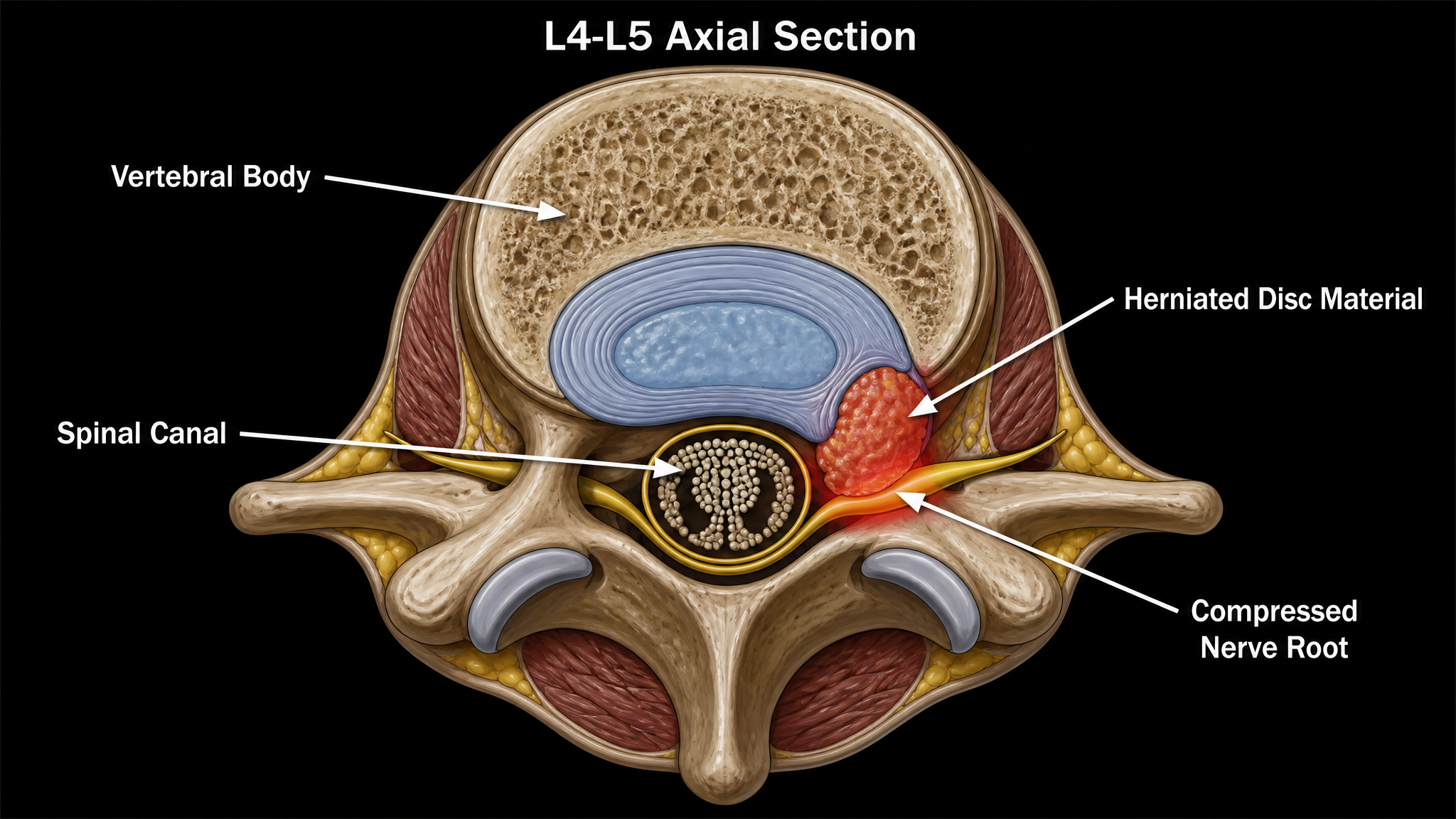 Axial cross-section through the L4-L5 level showing a herniated disc compressing a nerve root within the spinal canal, with structures labeled