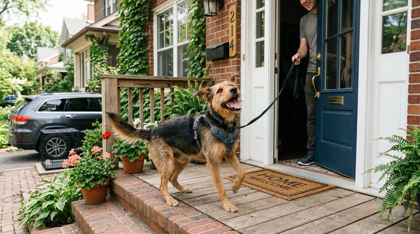 A happy dog greeting its owner at the doorstep after a comfortable ride
