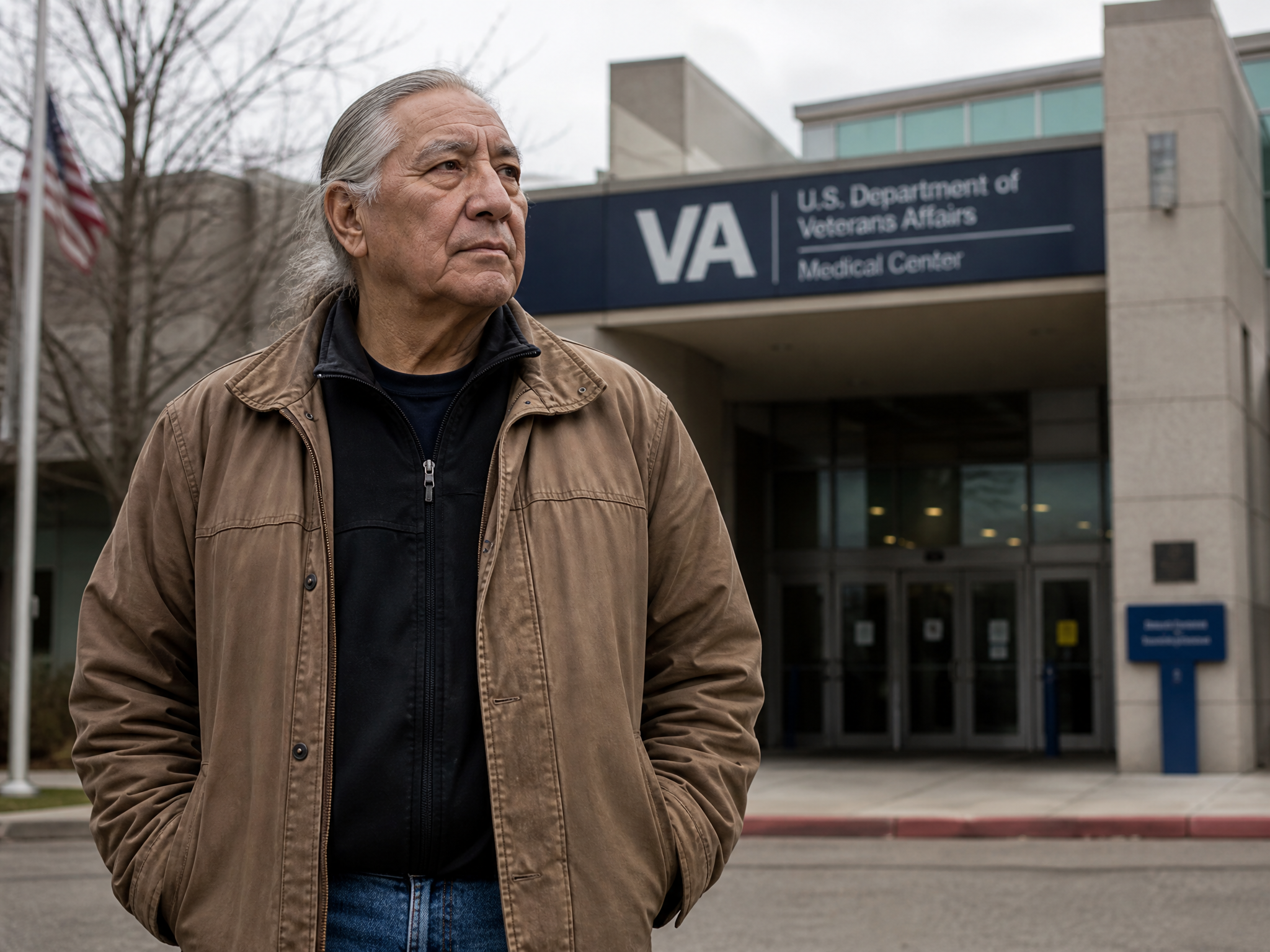 A veteran standing outside a VA medical center