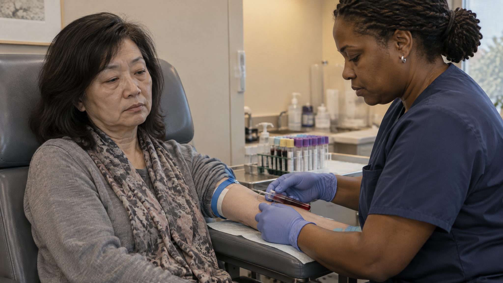 A tired woman veteran having blood drawn by a female phlebotomist in a lab chair