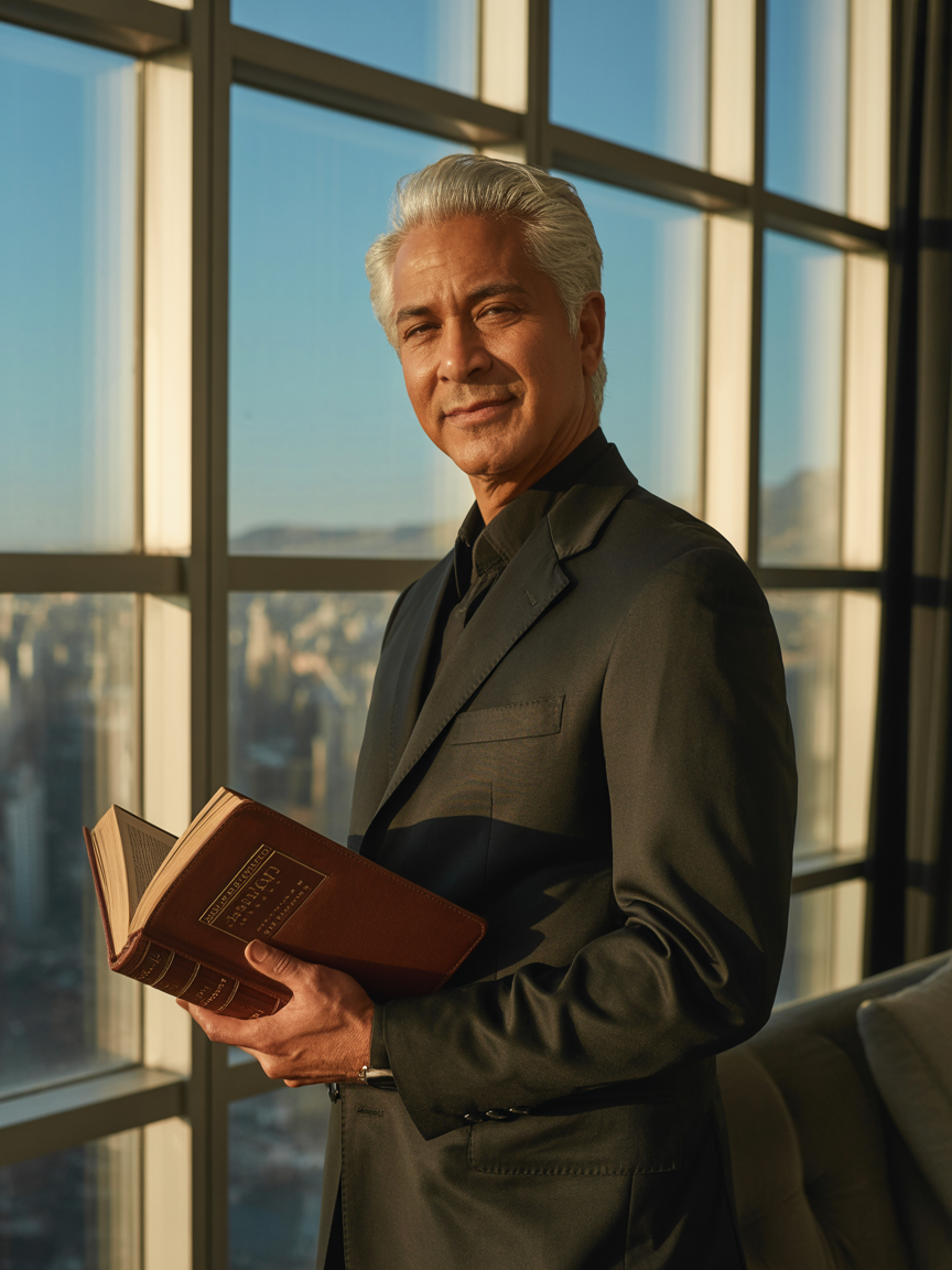 Don Aurelio Montero de pie frente a una ventana con vista a la ciudad, sosteniendo un libro