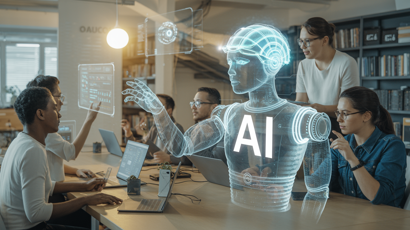 Futuristic, optimistic scene with holographic AI interfaces and diverse innovators collaborating on open-source projects in a bright workspace