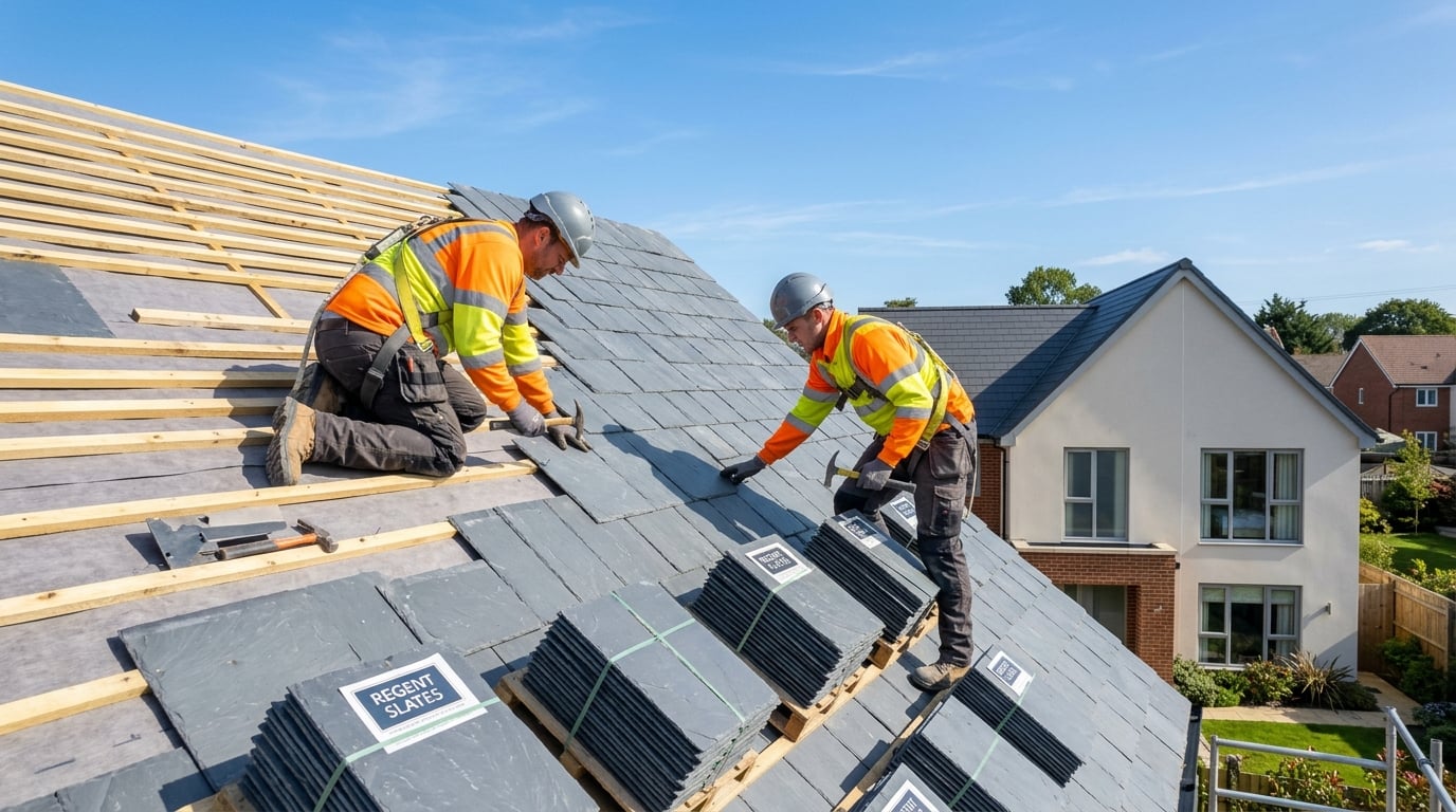 Two roofers installing new grey slate tiles on a residential roof