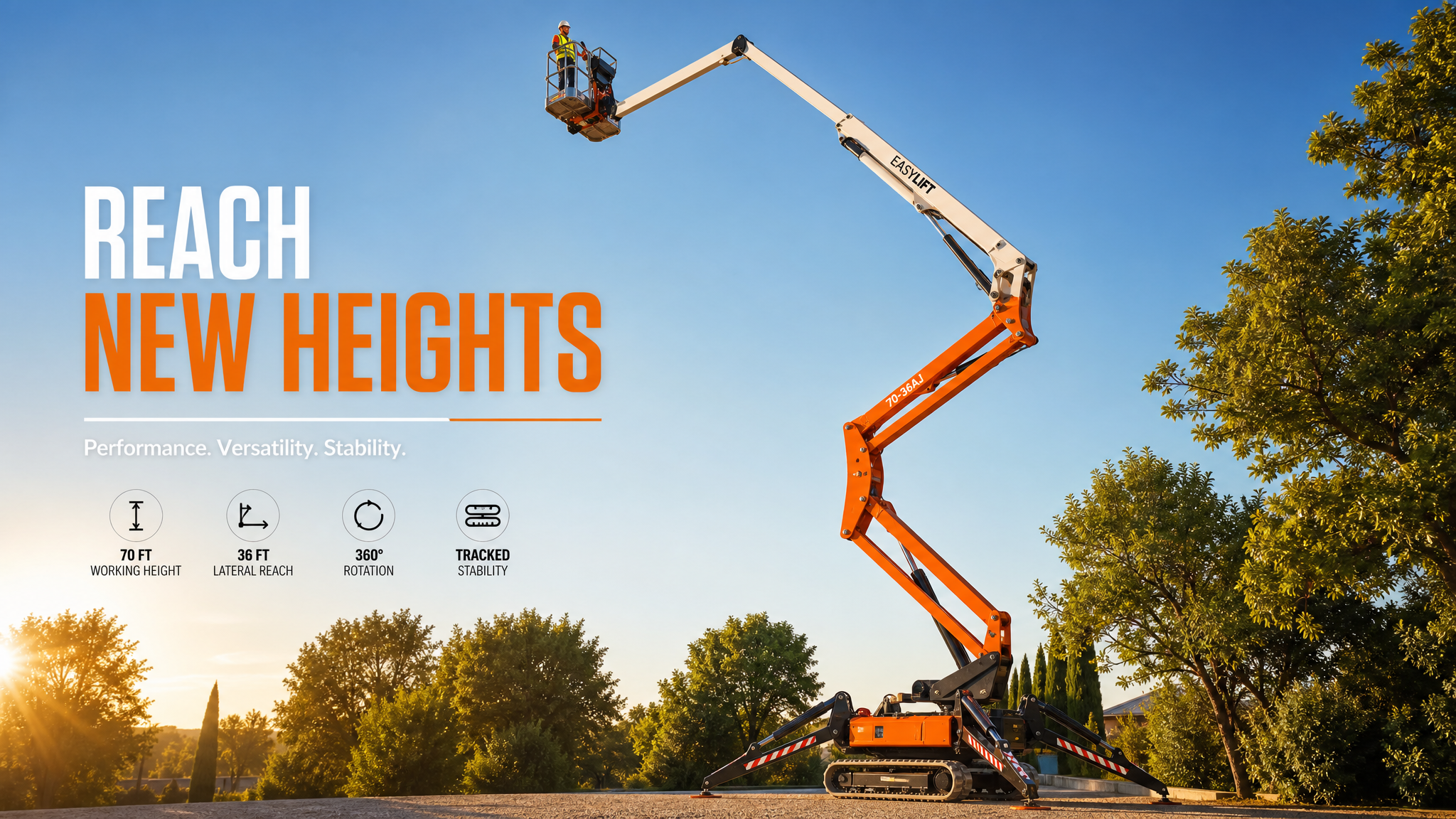 Easy Lift 70-36AJ tracked boom lift extended against blue sky