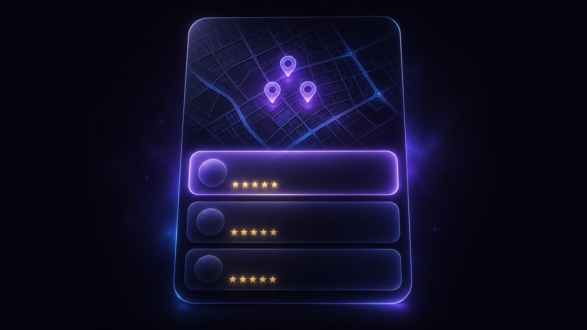 A dark glass search-results card floating in space, a street-grid map at the top with three violet pins clustered together, and three blank frosted glass result rows beneath it each carrying five small gold stars, the top row glowing brightest