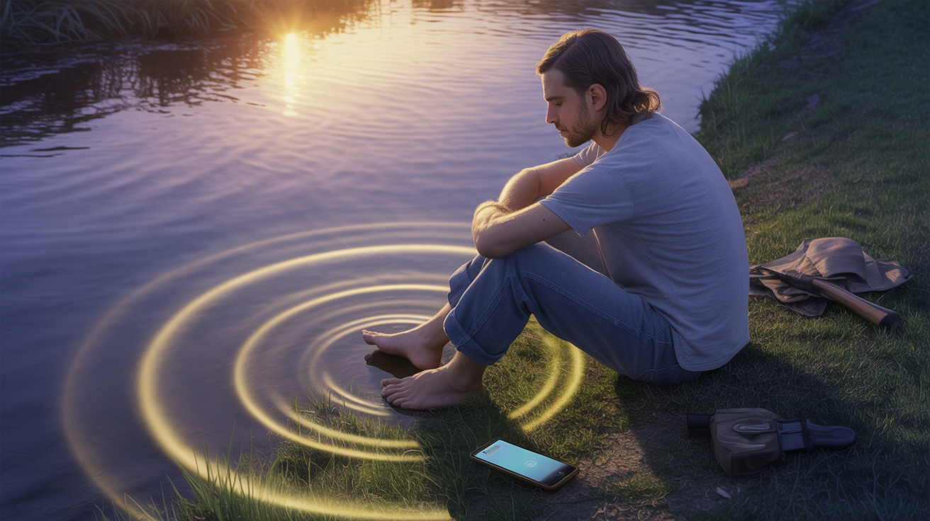 Usamljen čovek na obali reke sa ugašenim telefonom — sveta dokolica i mir. Muškarac sedi pored reke sa nogama u vodi dok razmišlja, simbol ličnog iskustva, mira i transformacije kroz AI i duhovni razvoj