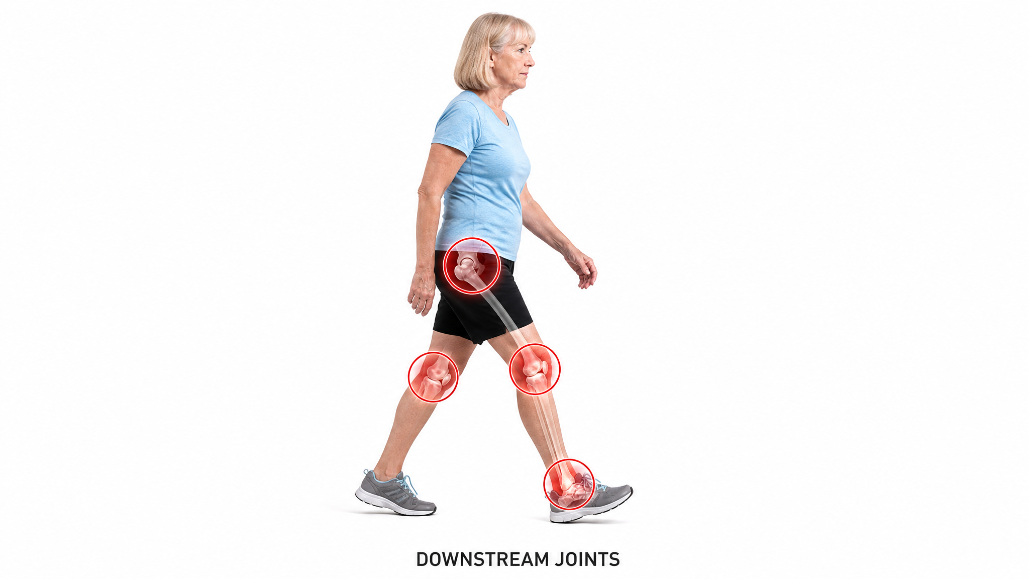 Clinical teaching photograph of a patient walking with an uneven gait, the hip, both knees and one ankle marked in red as the joints taking the extra load